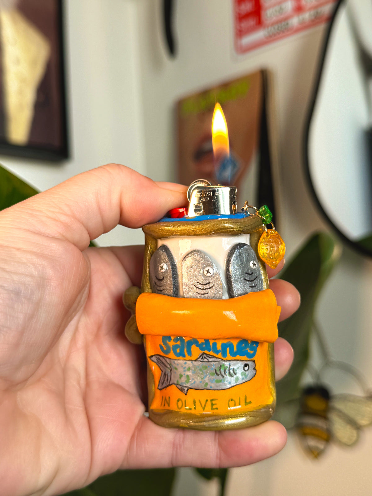 Sardines Tin Case with charm| Fits Standard Bic | Handmade Polymer Clay Art