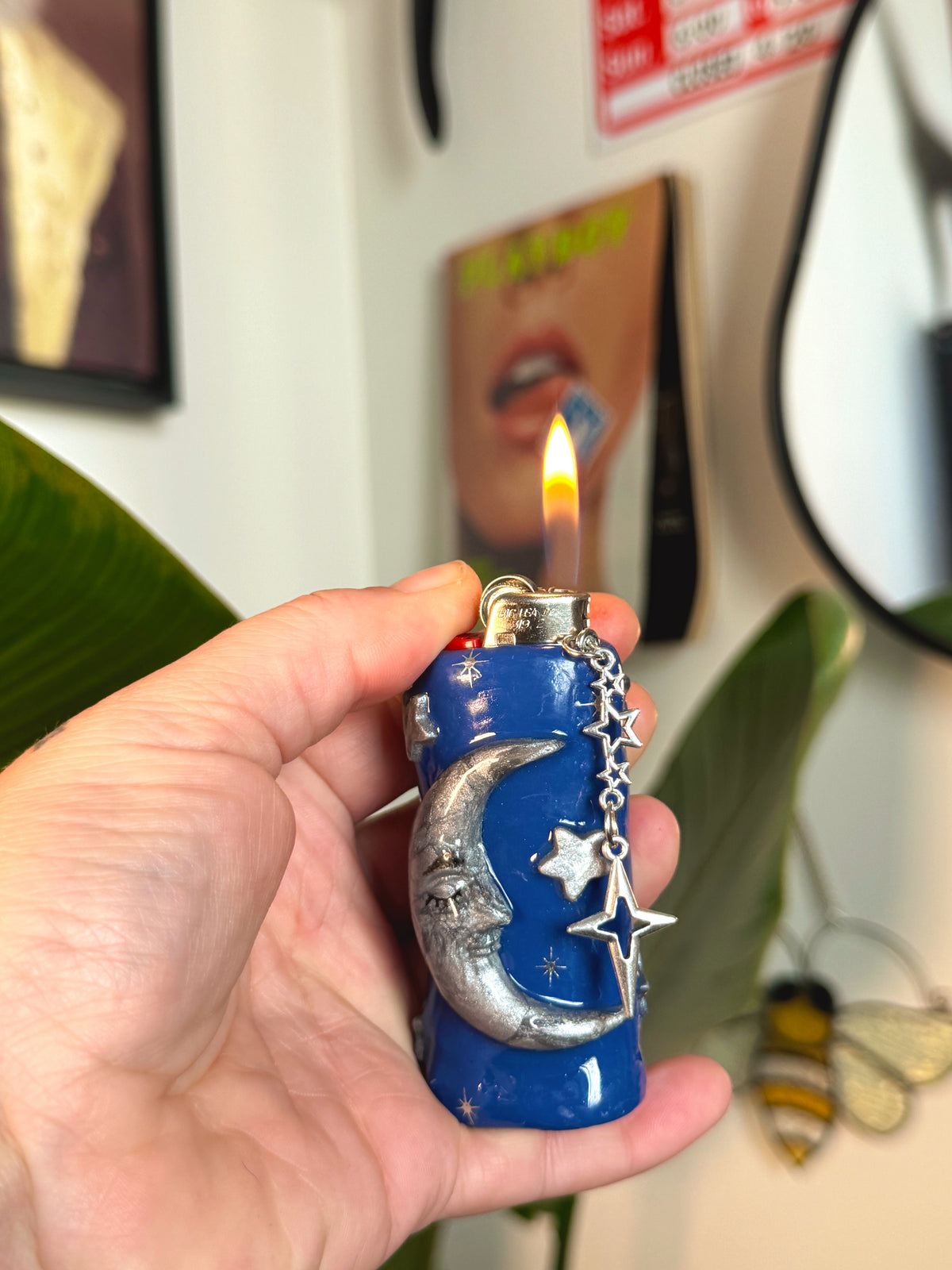 90s Celestial Moon Case (SILVER) with charm| Fits Standard Bic | Handmade Polymer Clay Art