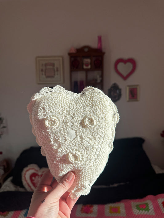 Vintage Crochet Lace Heart Pillow – Ivory Cotton, 7.5”