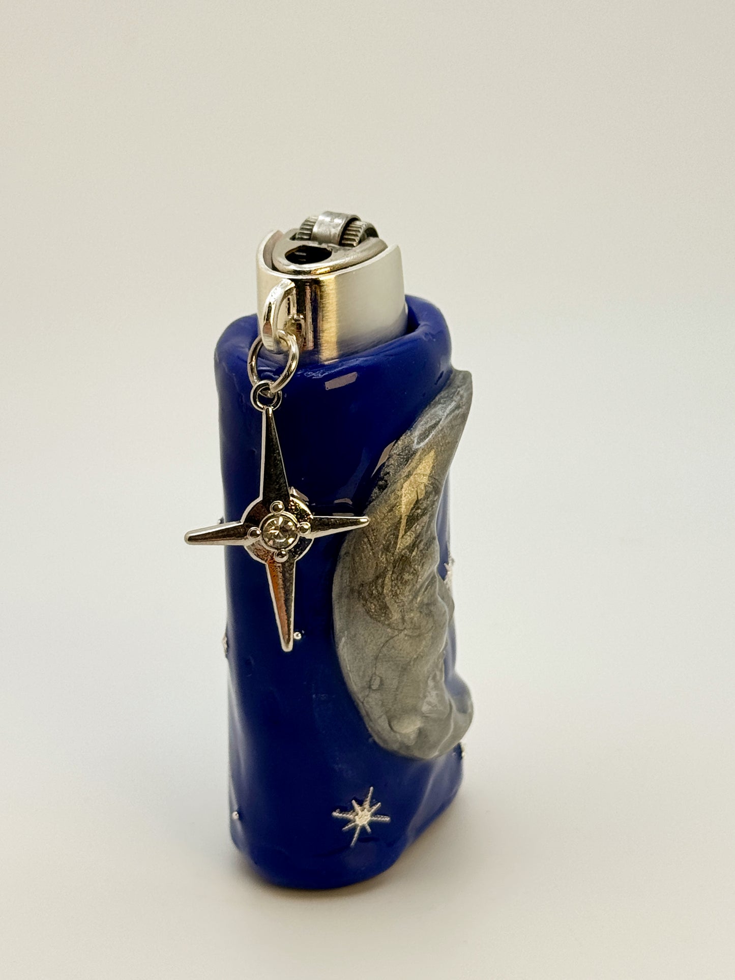 Handmade 90s Celestial Moon Lighter Case – Deluxe Metal Insert + Charm – Polymer Clay Starry Night Cover (Fits Standard Bic)