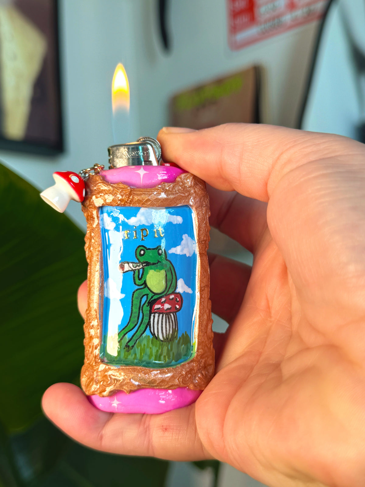 Vintage Frame Rip It Frog Case with charm| Fits Standard Bic | Handmade Polymer Clay Art