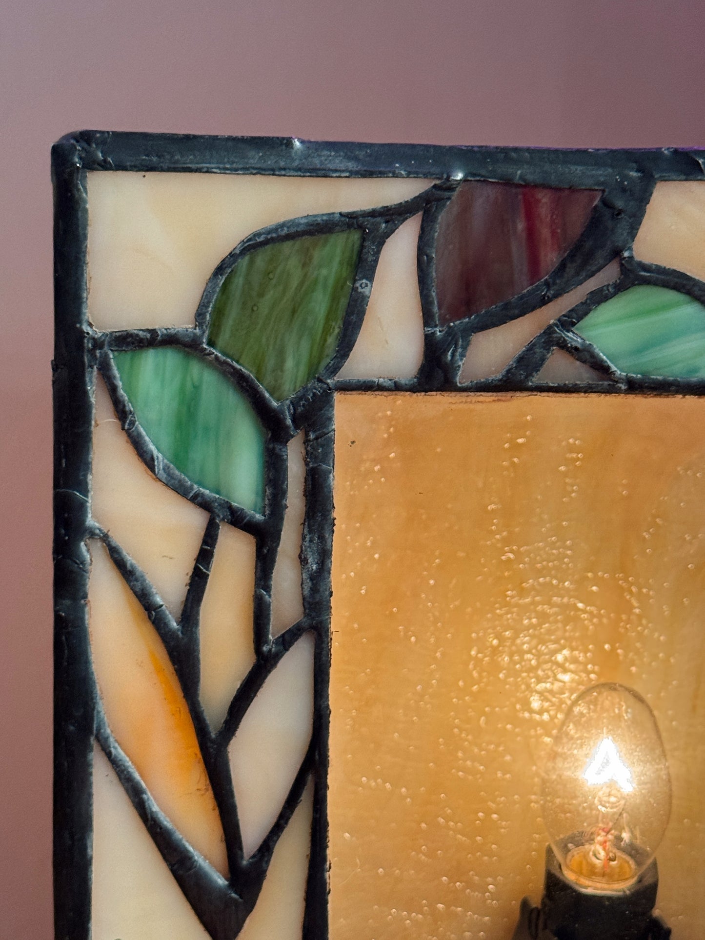Vintage Stained Glass Accent Lamp | Arts & Crafts / MCM Style | Warm Amber Glow