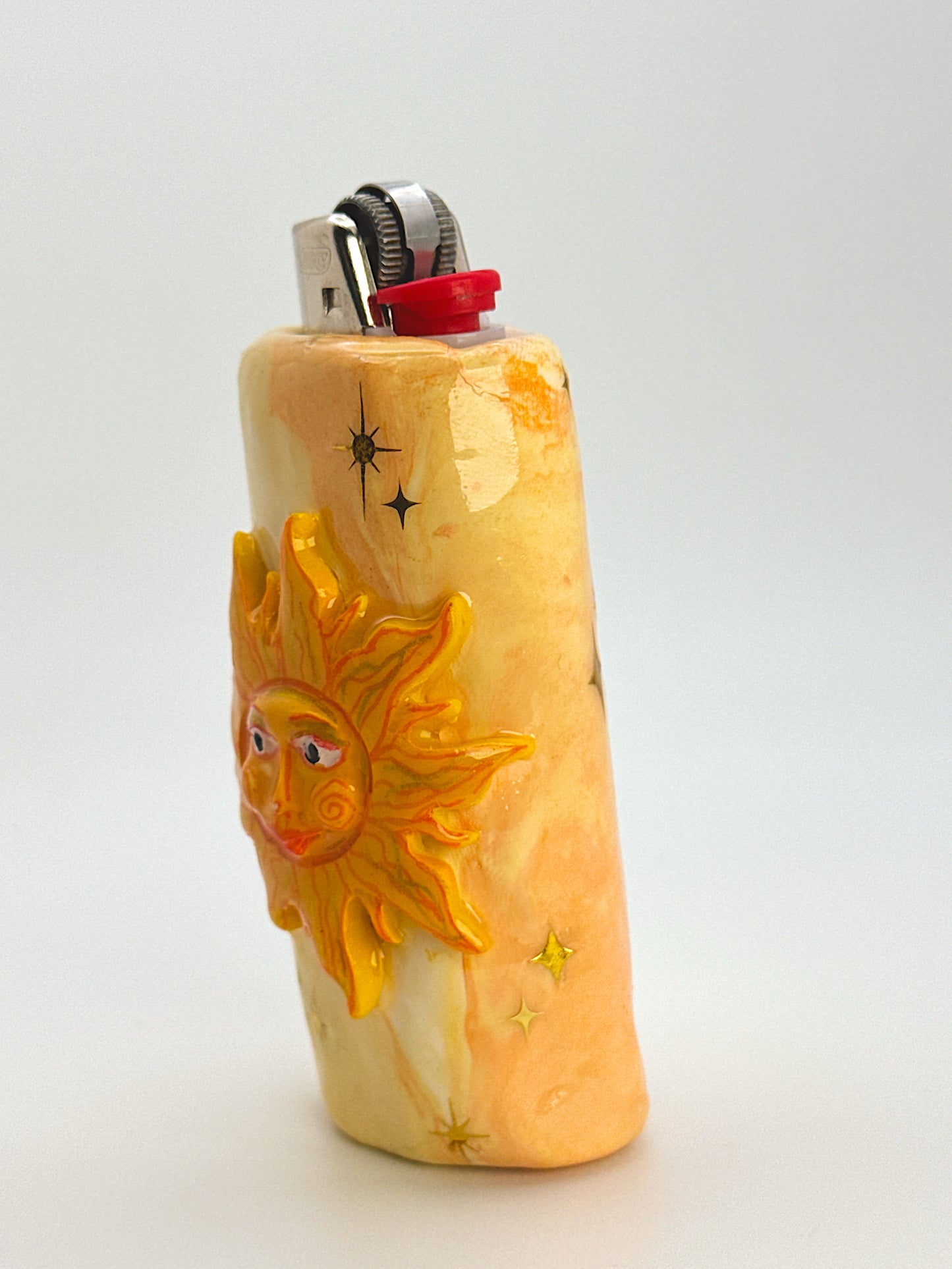 Miss Sunny Celestial Lighter Case – Handcrafted Moon Face Art Lighter Cover