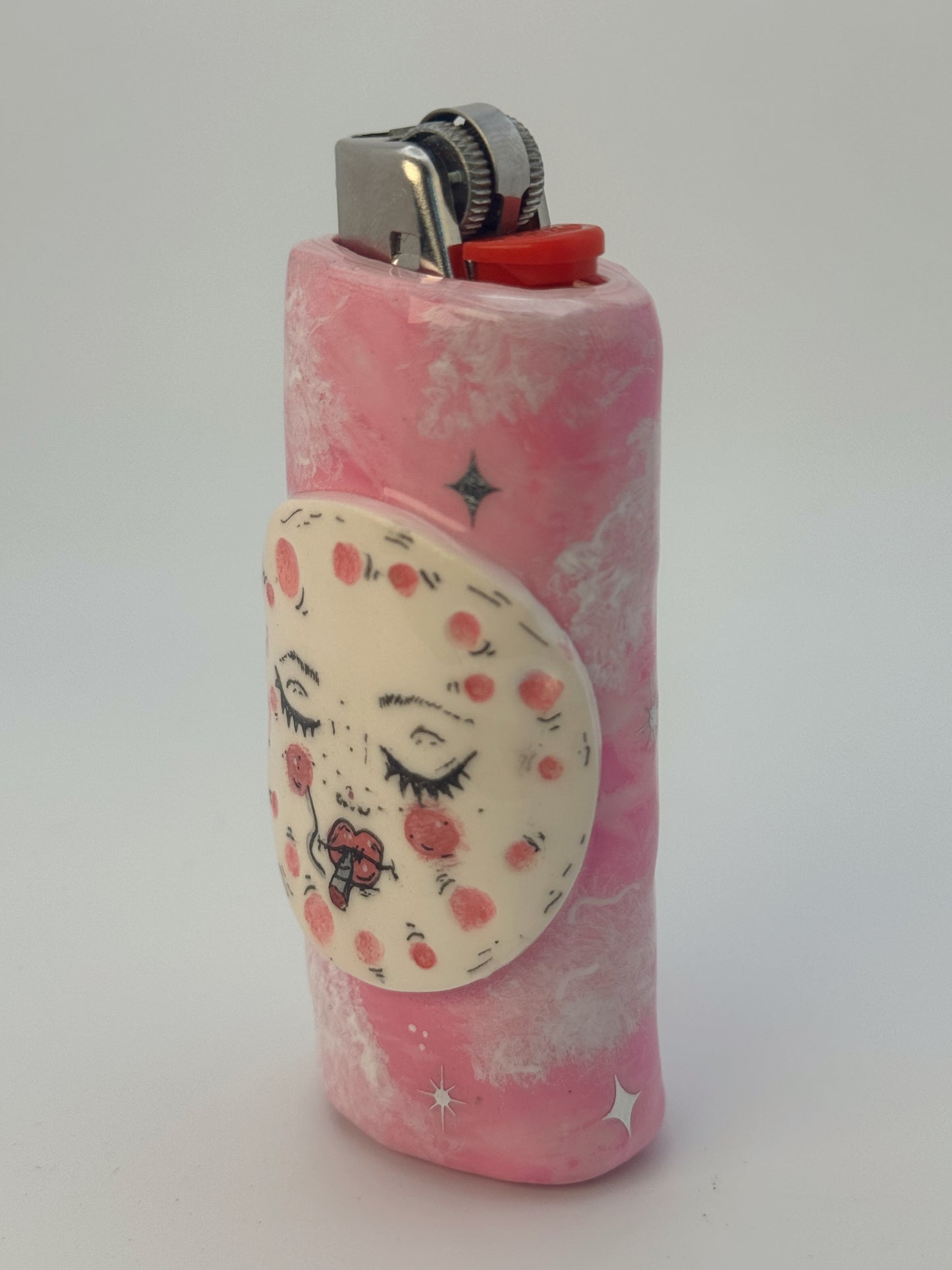 Handmade Smoking Moon Polymer Clay Lighter Case – Pink Celestial Bic Cover