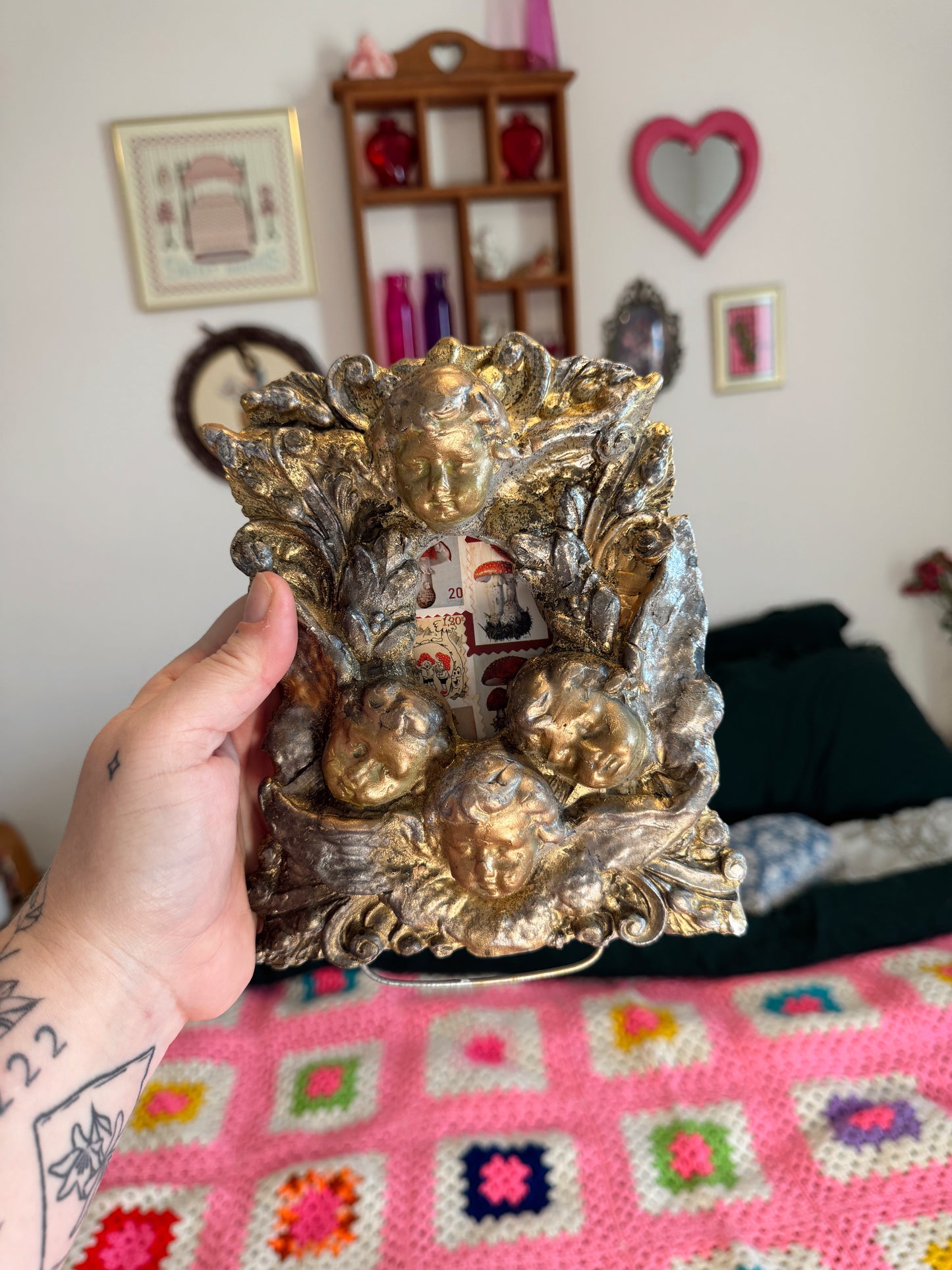 Vintage Ornate Cherub Frame with Antique Stamp Art – Heavy Gilt Finish