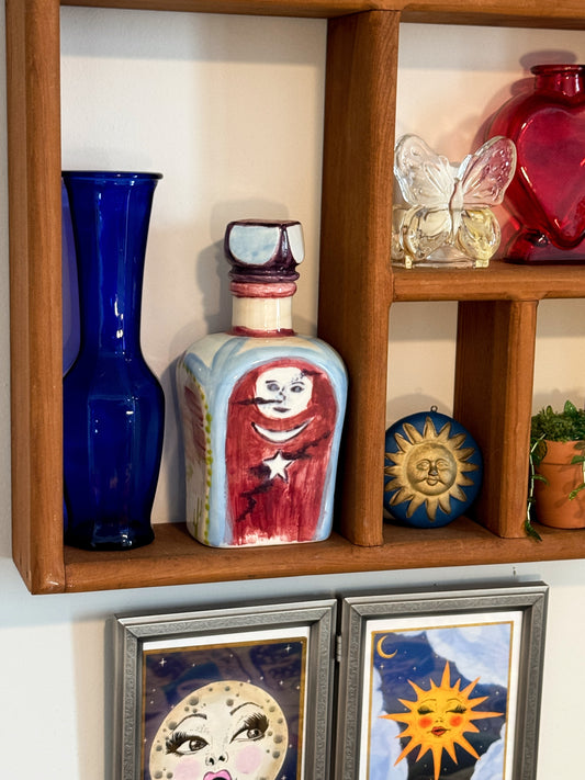 Vintage Hand Painted Sun & Moon Folk Art Bottle / Decanter – Celestial Decor