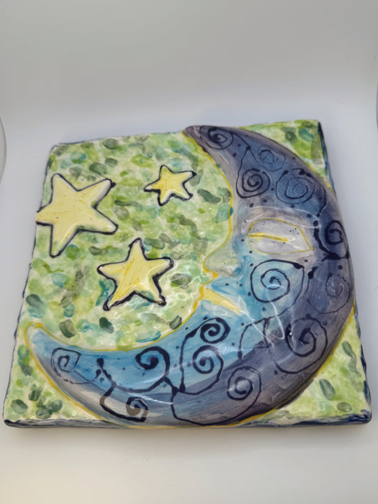 Vintage Celestial Moon & Stars Ceramic Wall Hanging – 8” Hand Painted Art Tile Decor