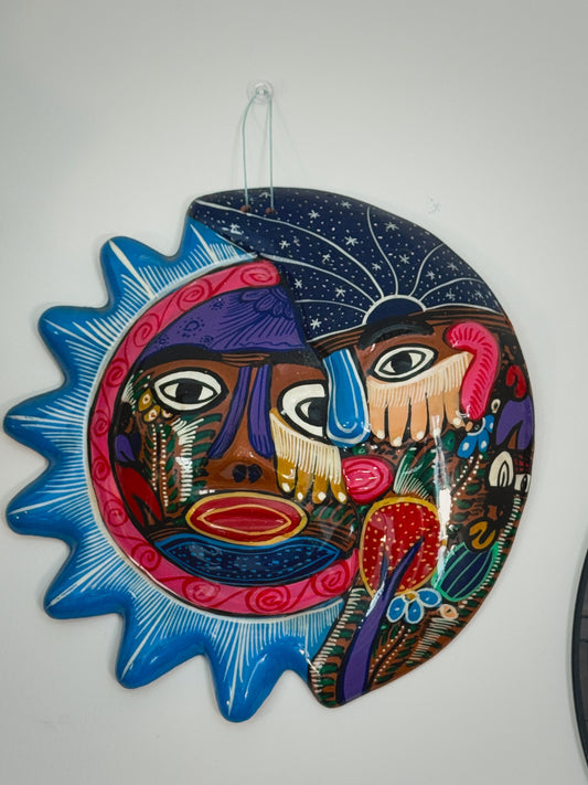 Vintage Mexican Talavera Sun & Moon Wall Art – 12” Hand-Painted Folk Art