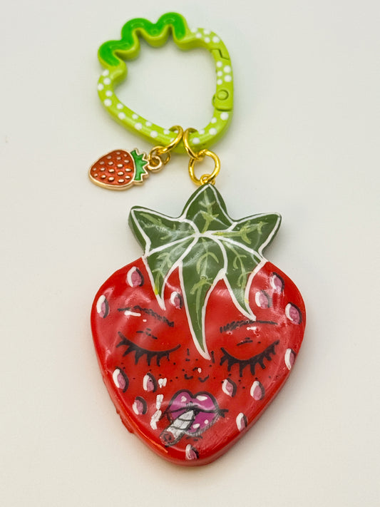 Smoking Strawberry Keychain – Handmade Polymer Clay Bag Charm