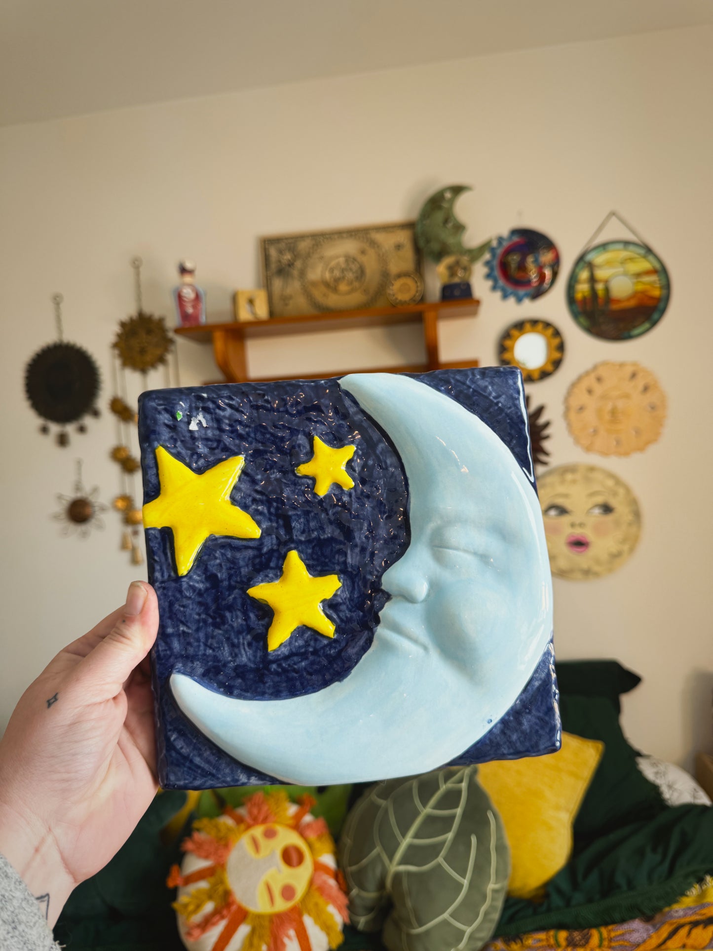 3D Celestial Moon & Stars Wall Plaque – 8.5” Whimsigoth Tile