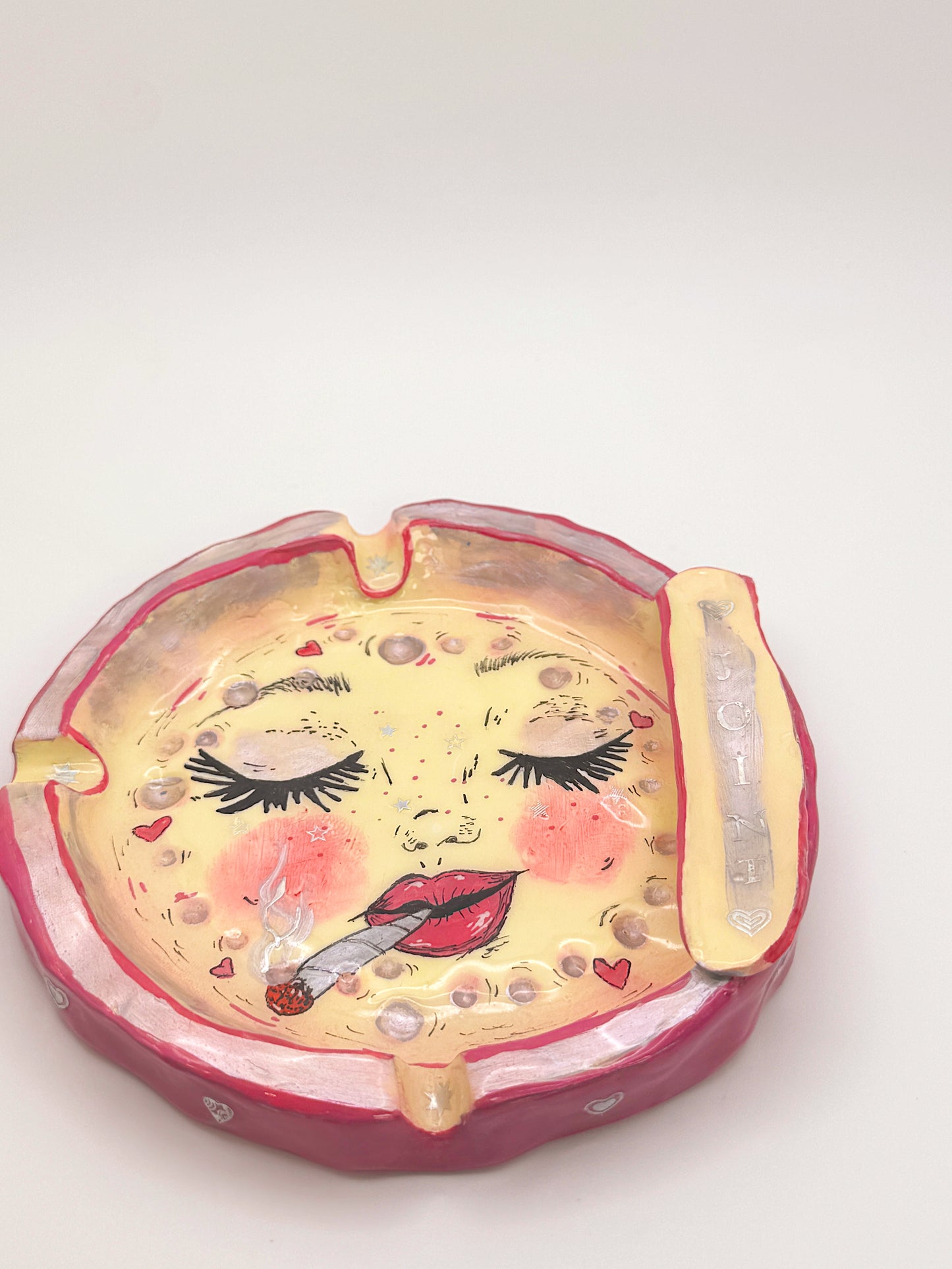 Pink Smoking Moon Ashtray – Hand-Painted Celestial Moon Dish (5.5”)