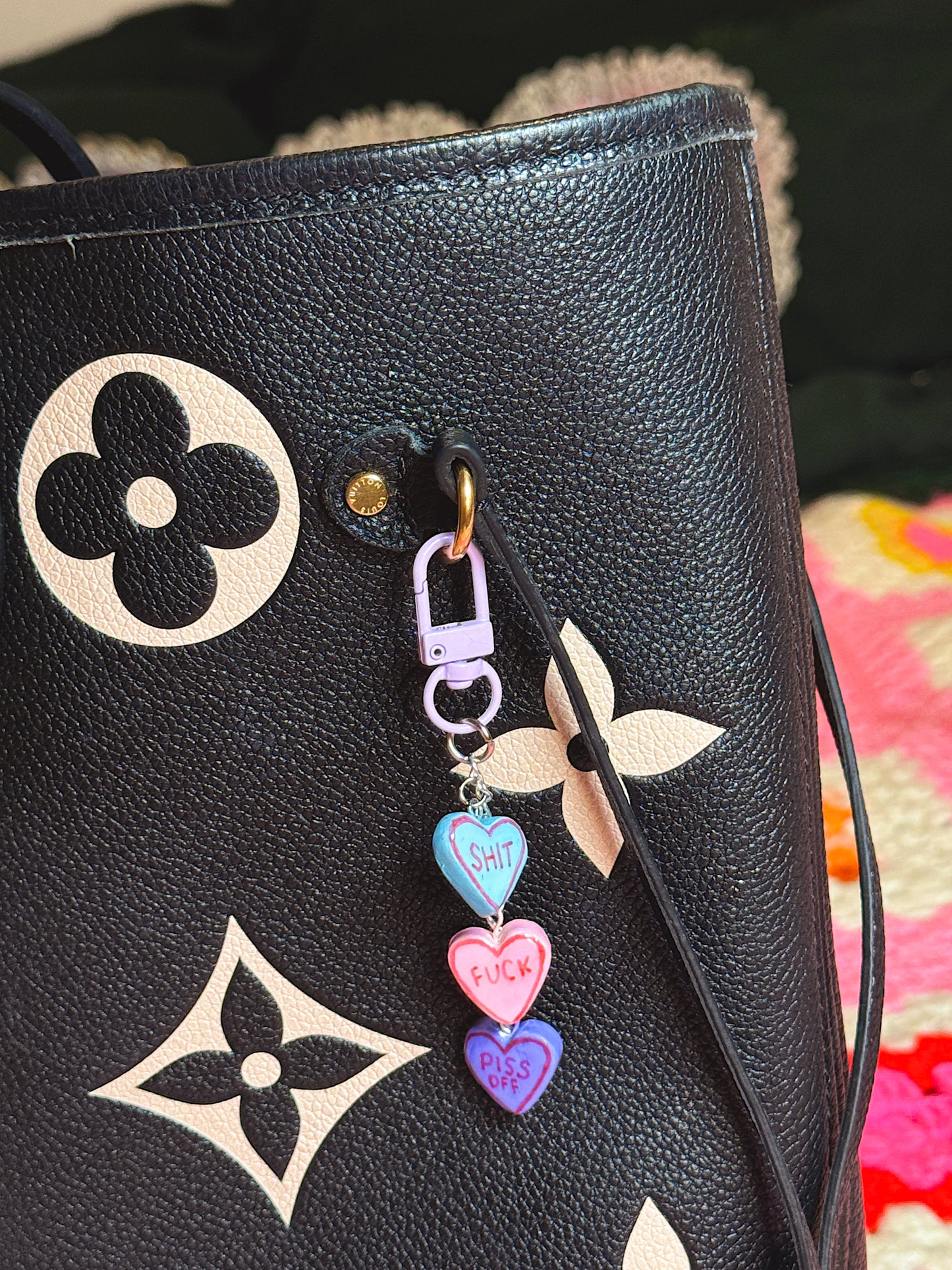 Sassy Conversation Hearts Bag Charm – Purple Clip with Bold Statement Heart Charms