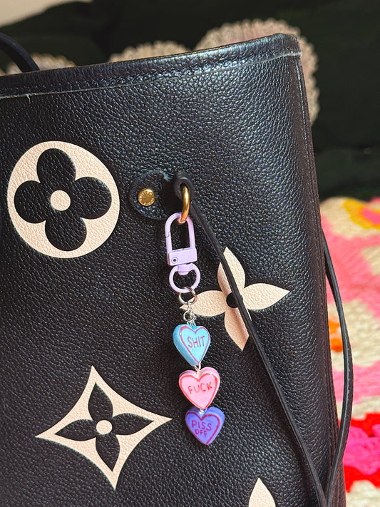 Sassy Conversation Hearts Bag Charm – Purple Clip with Bold Statement Heart Charms