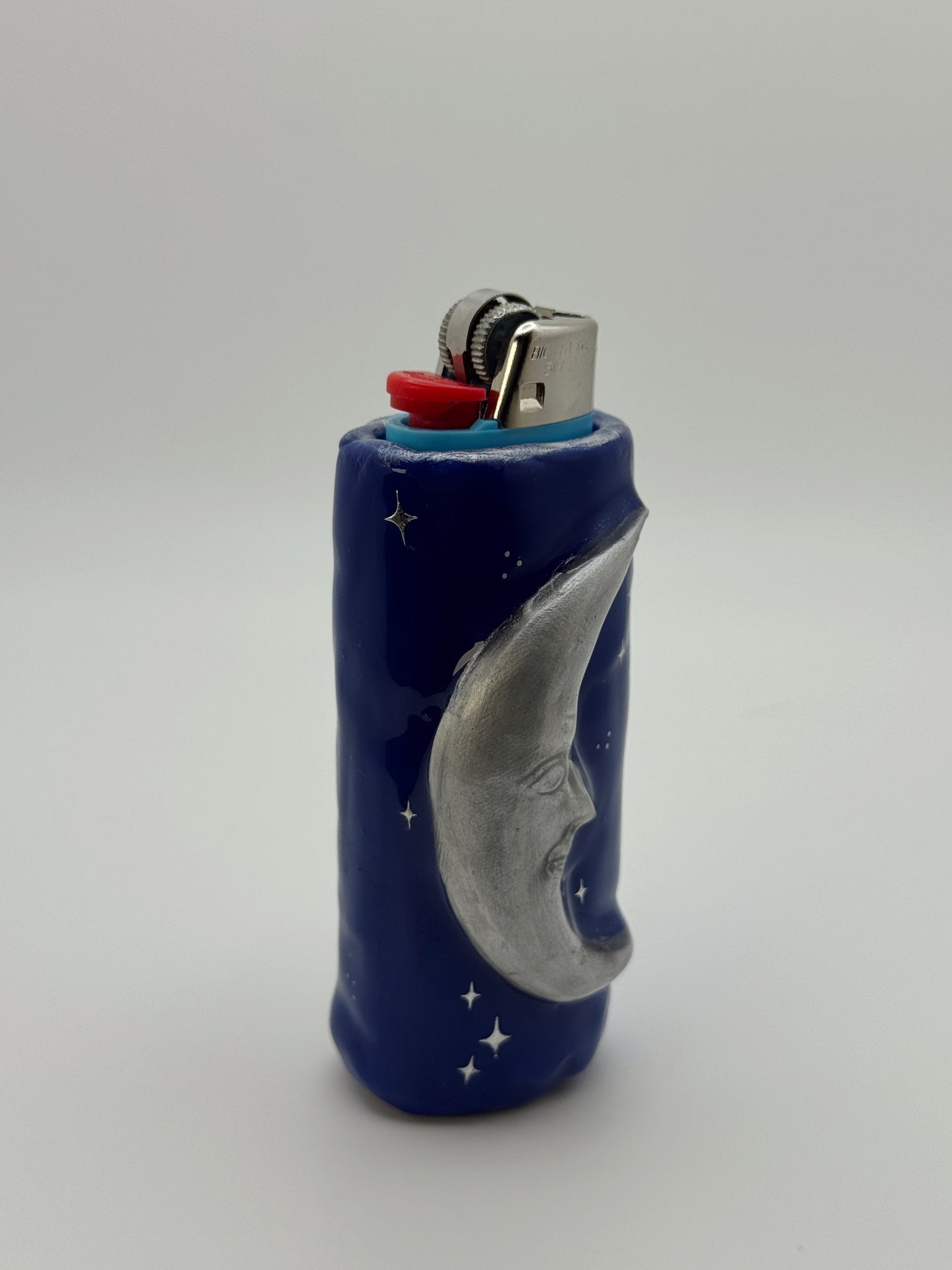 Handmade Celestial Moon Lighter Case Silver – Polymer Clay 90s Inspired Starry Night Cover