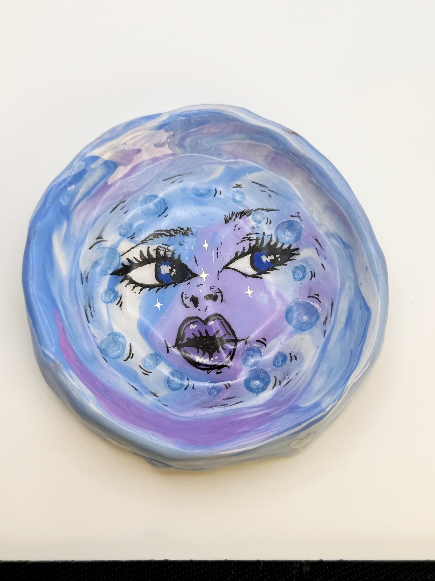 Handmade Moon Face Ring Dish – 3.5” Polymer Clay Celestial Trinket Dish – Blue & Purple Starry Jewelry Dish
