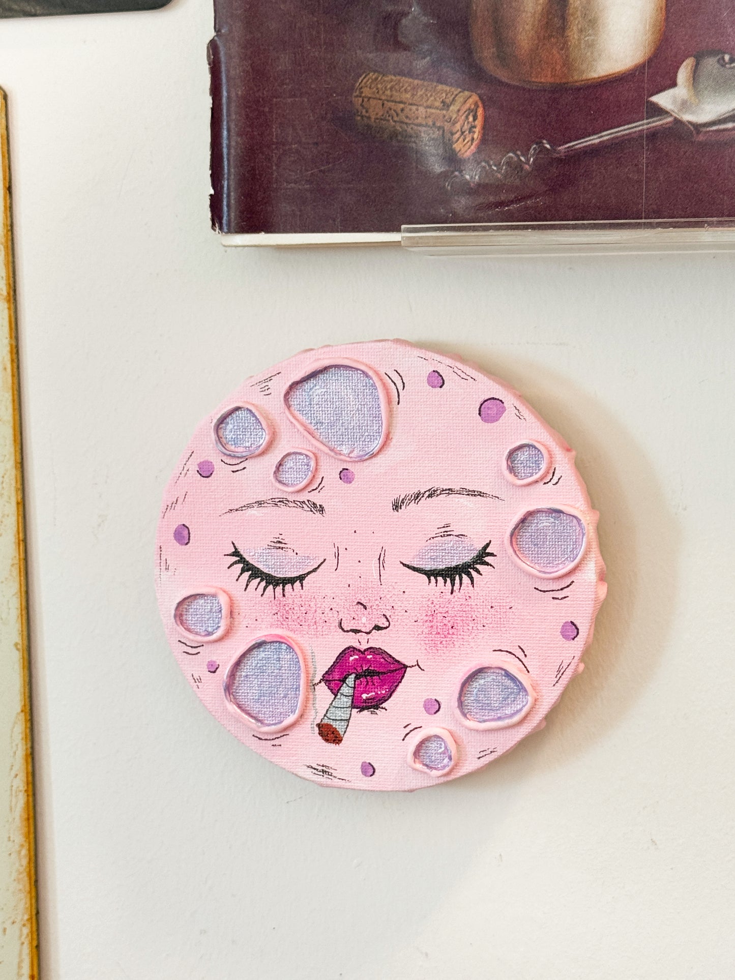 Smoking Moon – Hand-Painted Moon Face Wall Art (5” Textured Canvas)