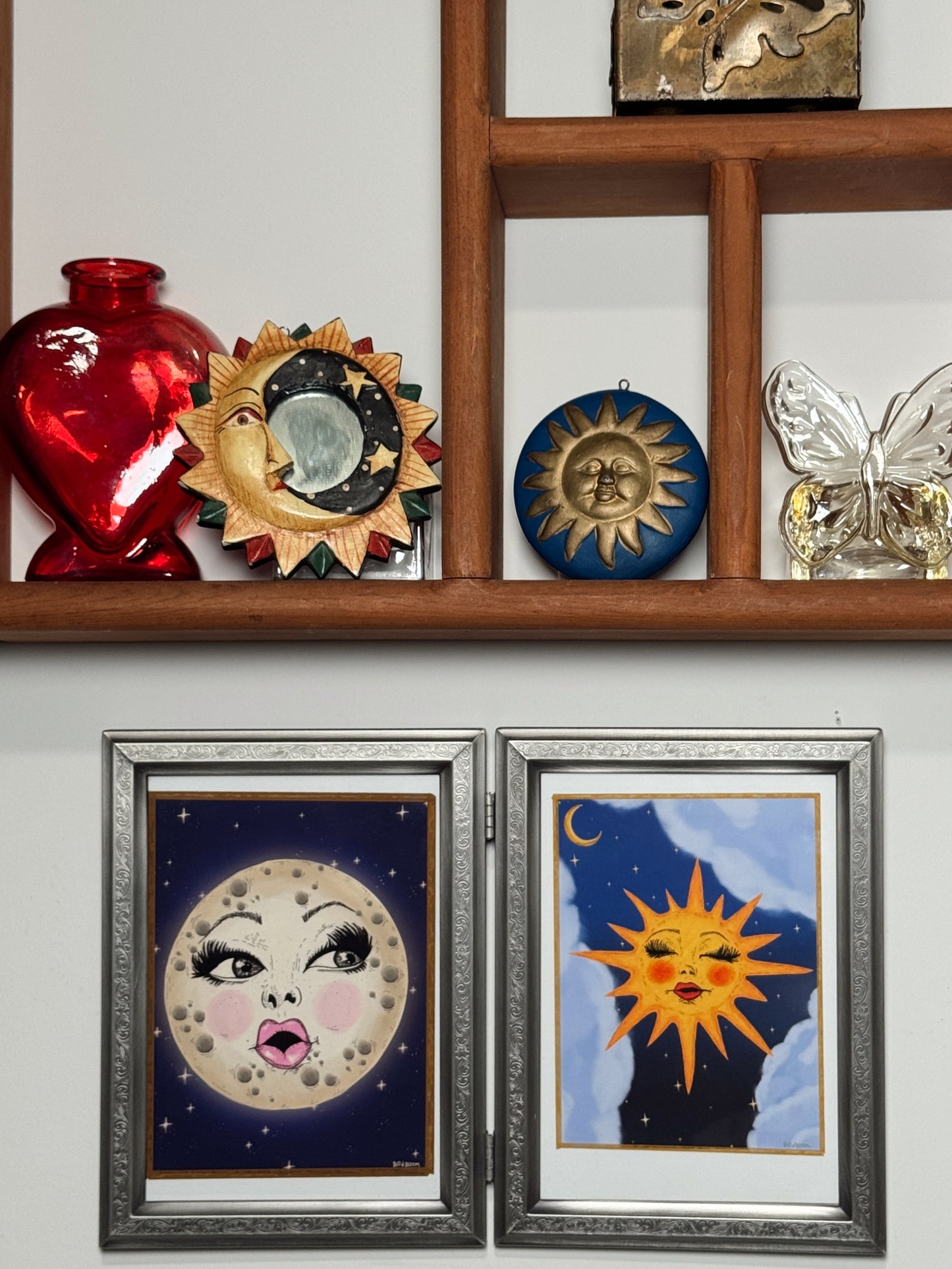 Vintage Hinged Double Frame with Sun & Moon Art Prints – Celestial Wall or Table/Shelf Display