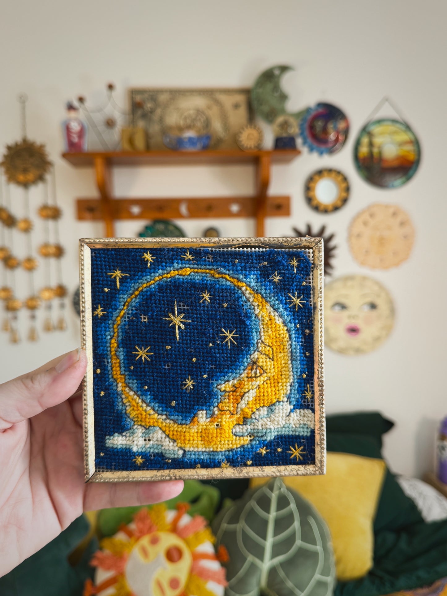Vintage Celestial Moon Needlepoint – 5.5” Framed Whimsigoth Wall Art