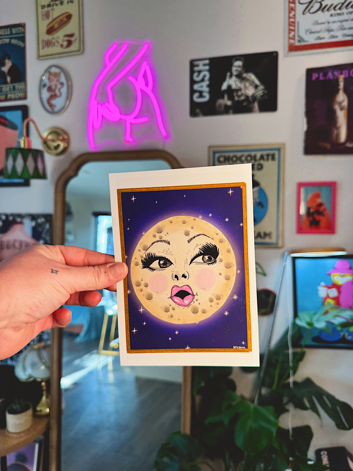 Whimsical Moon Face FRAMED Art – 8×10 Vintage-Style Celestial Wall Art