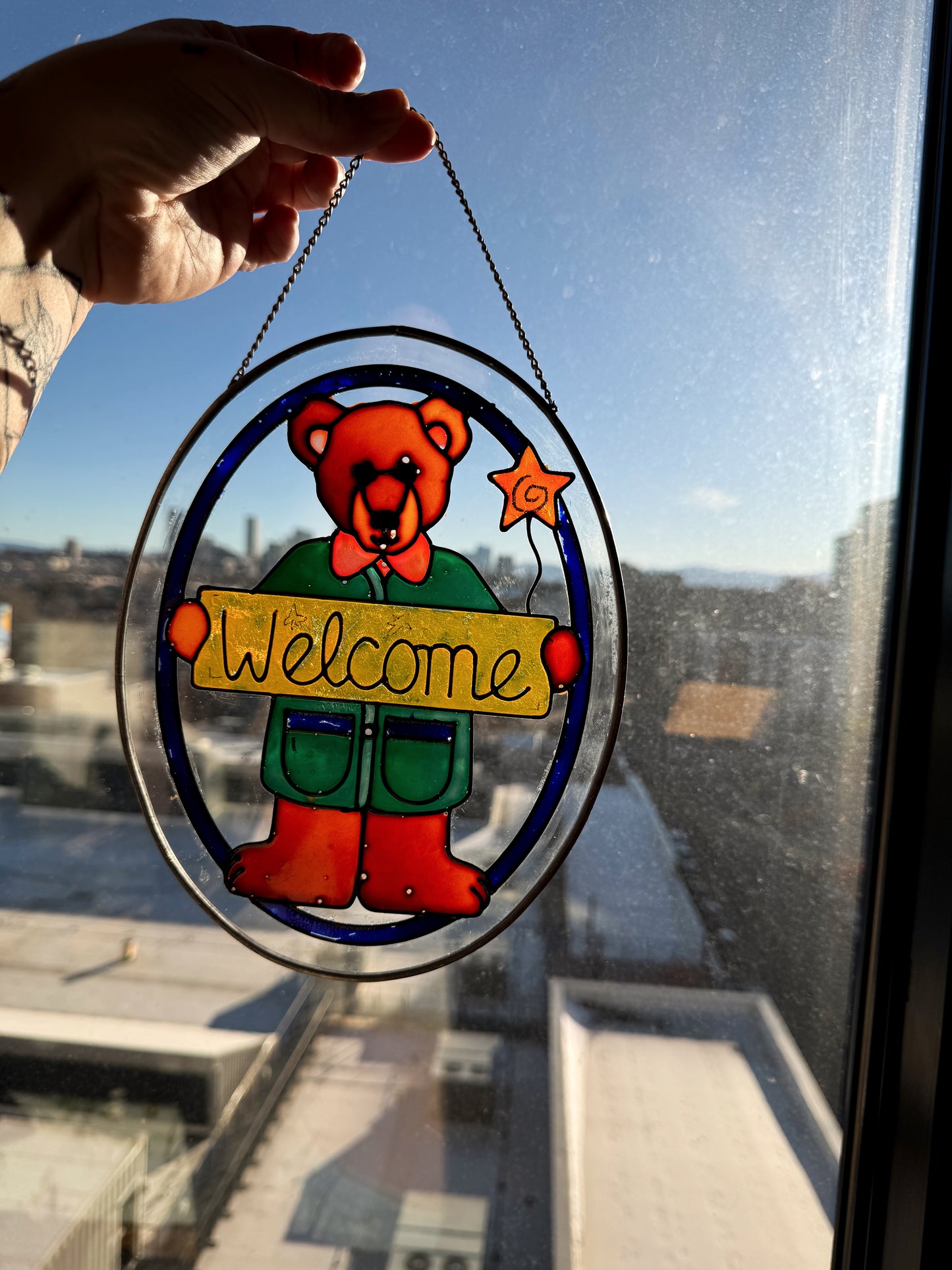 Vintage Stained Glass Teddy Bear “Welcome” Window Hanging | Suncatcher