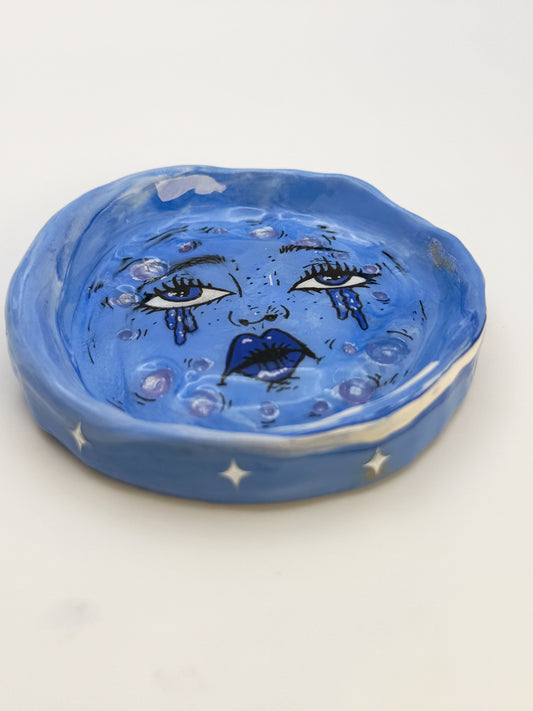 Handmade Sad Moon Face Ring Dish – 3.5” Polymer Clay Celestial Trinket Dish – Blue Starry Jewelry Dish