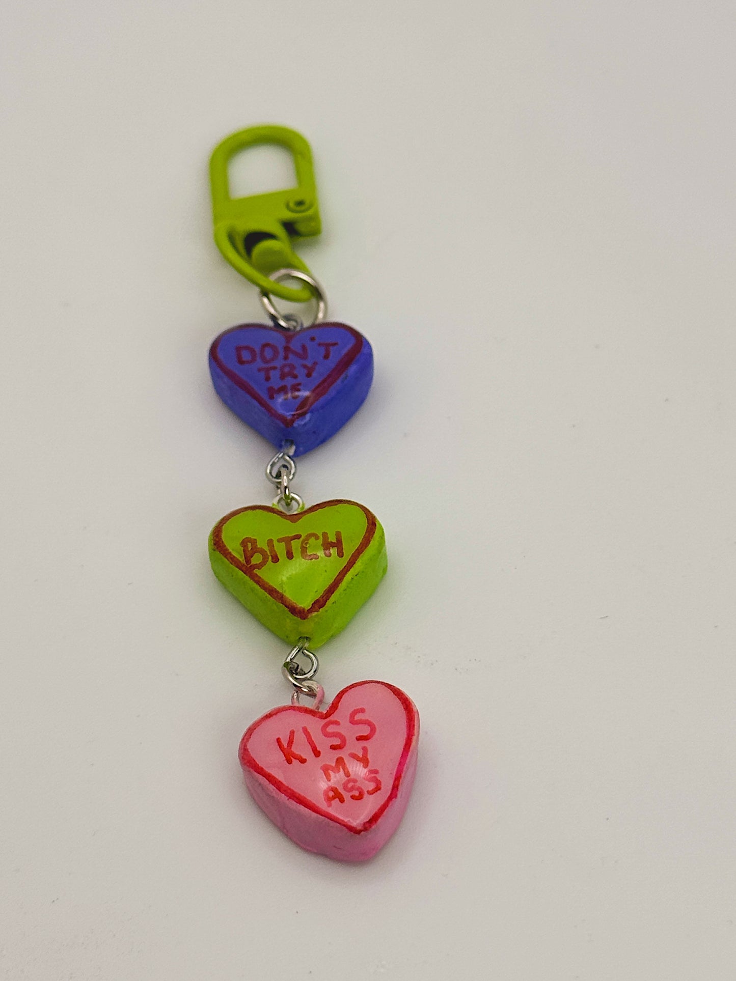 Sassy Conversation Hearts Bag Charm – Green Clip with Bold Statement Heart Charms