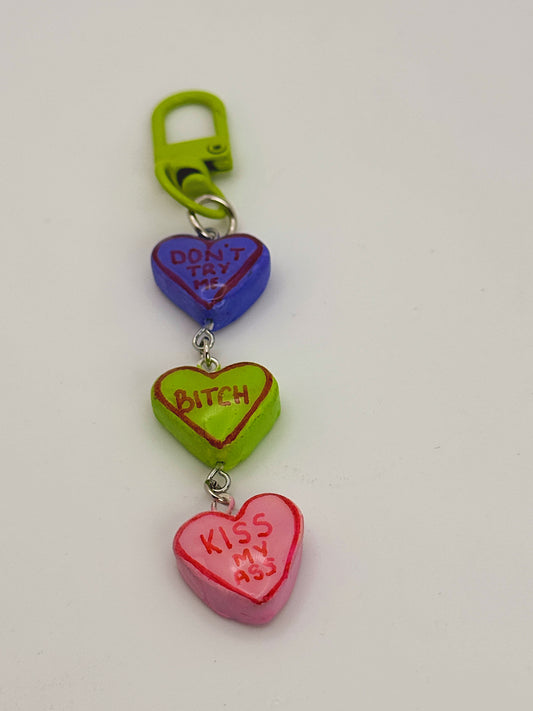 Sassy Conversation Hearts Bag Charm – Green Clip with Bold Statement Heart Charms