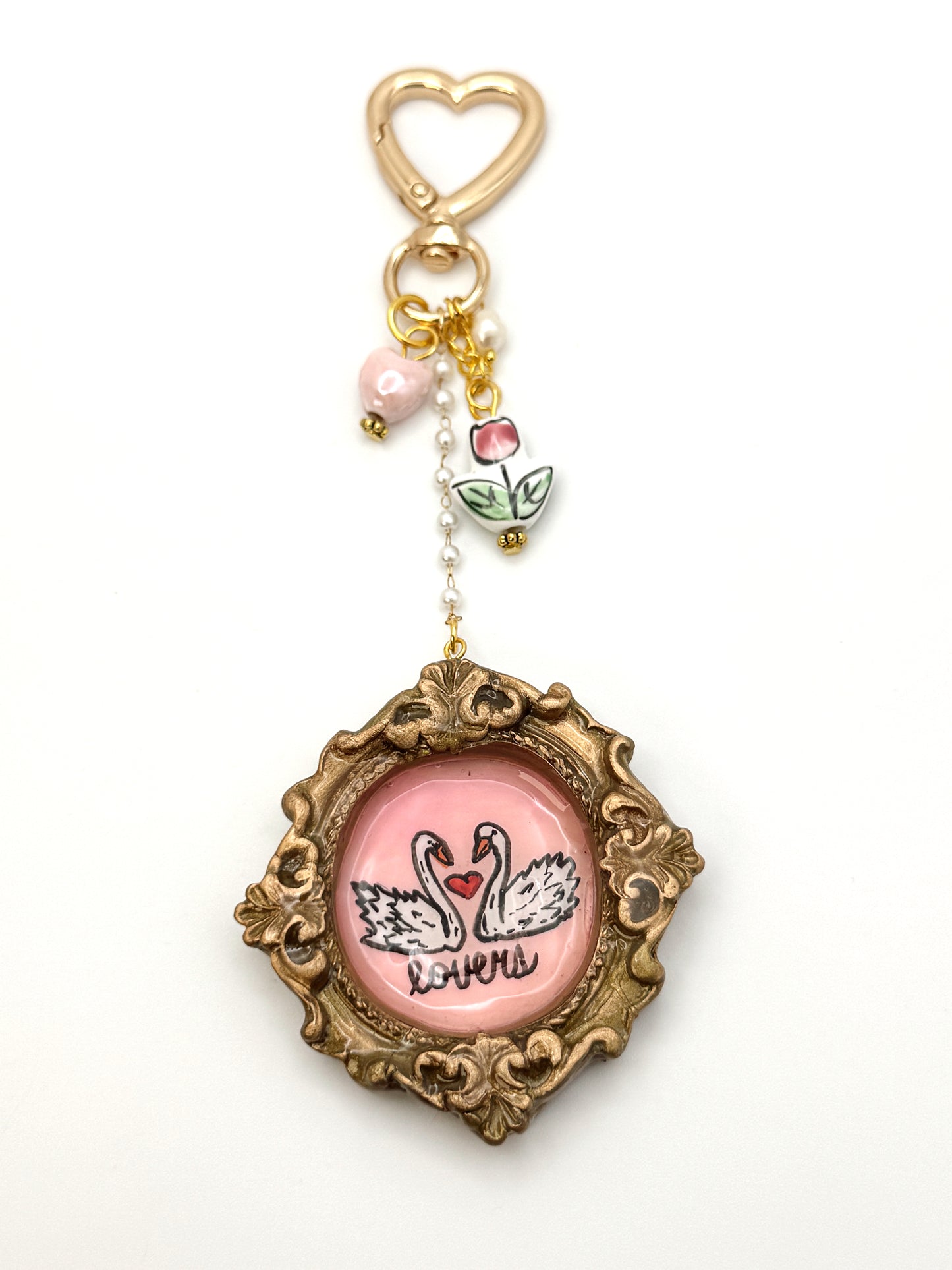Vintage Heart Swan Bag Charm – Ornate Oval Frame Keychain with Handmade Details