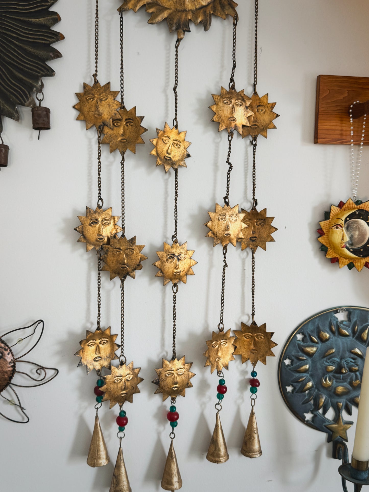 Large 40” Vintage Brass Sun Chime – Cascading Celestial Bell Wall Hanging