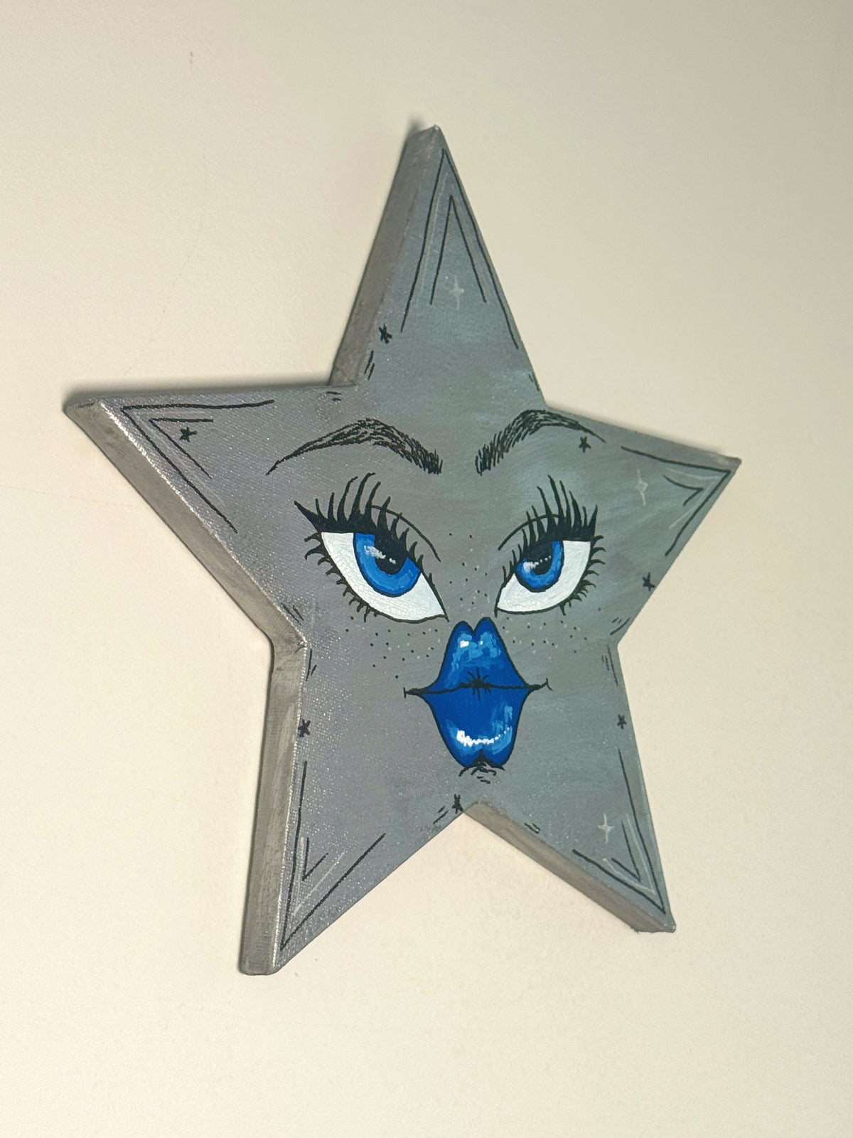Silver Celestial Star Wall Art – Hand-Painted Star Face Decor— Original 10” Canvas Art