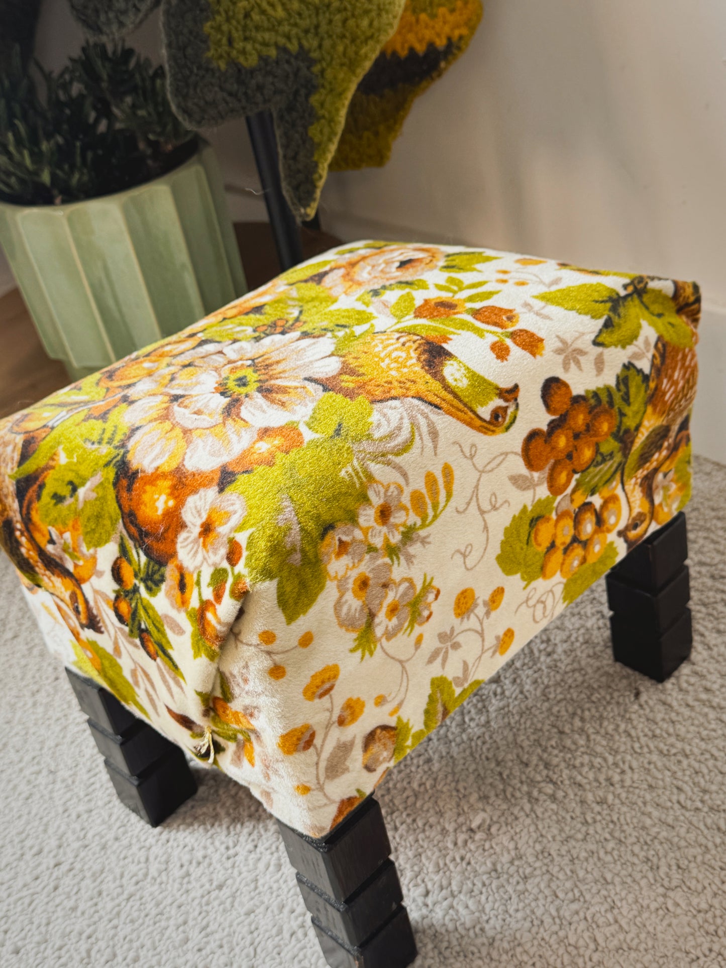 Vintage 1970s Velvet Tapestry Footstool – Retro Harvest Pattern Stool
