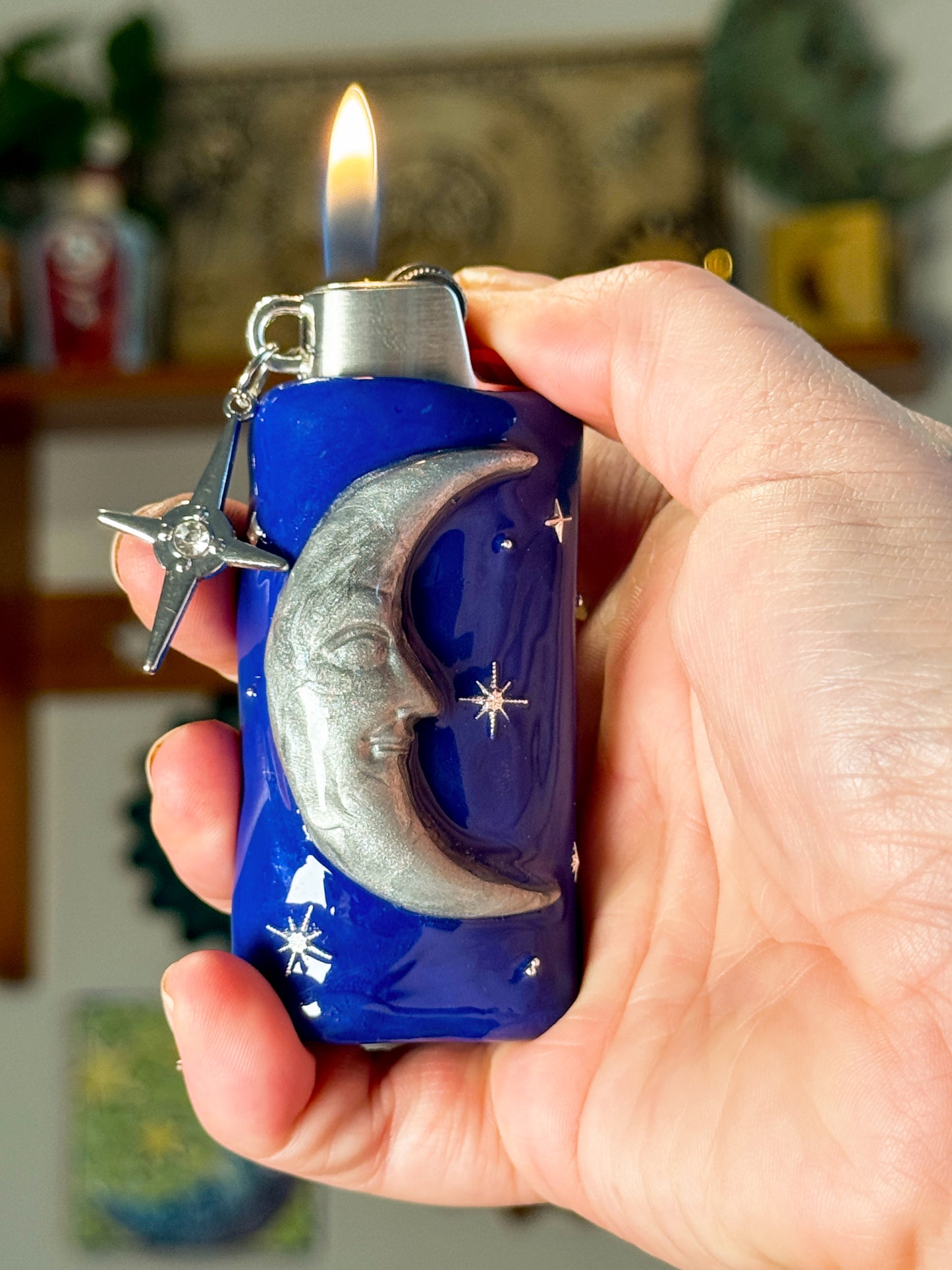 Handmade 90s Celestial Moon Lighter Case – Deluxe Metal Insert + Charm – Polymer Clay Starry Night Cover (Fits Standard Bic)