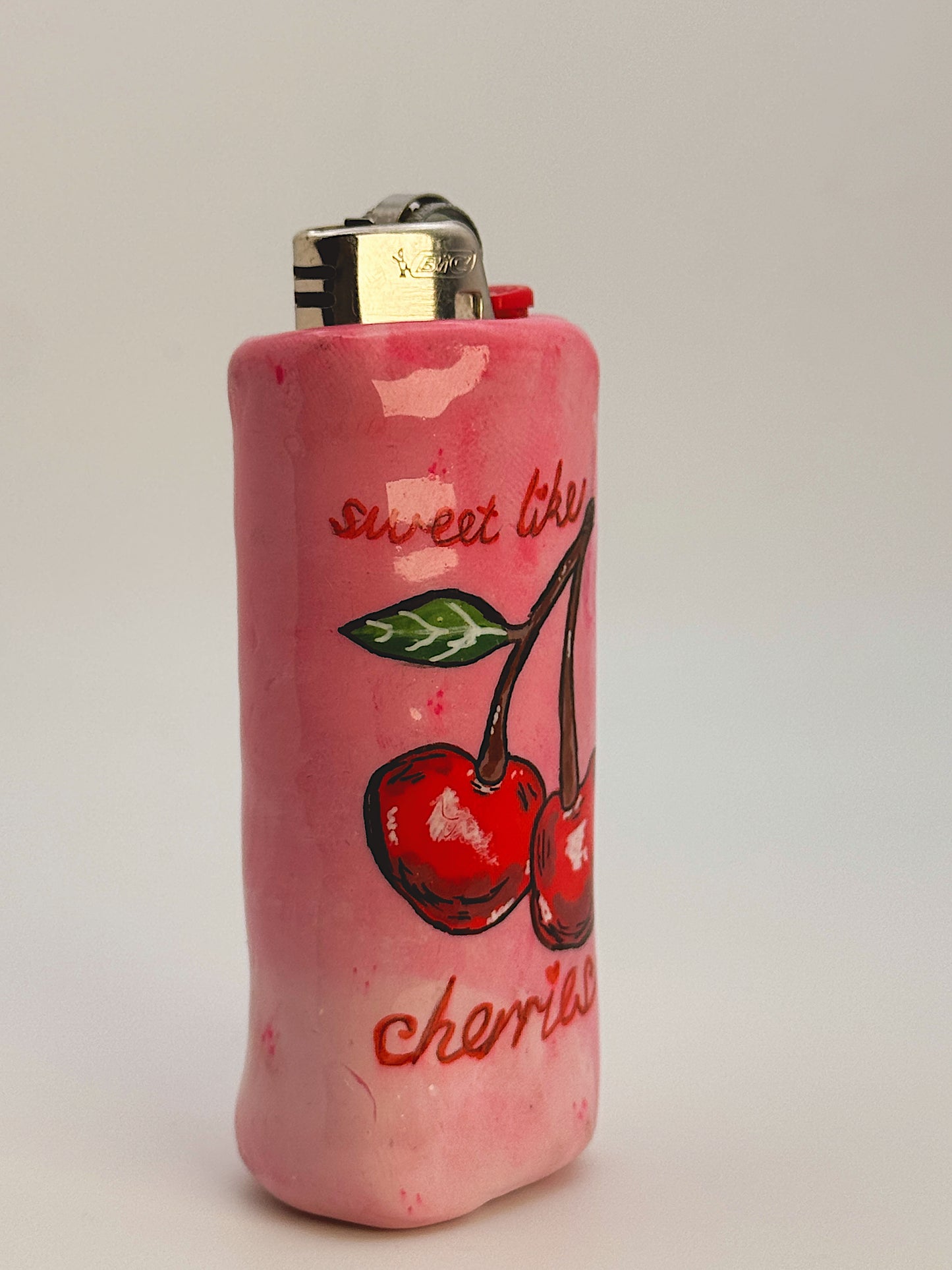 Sweet Like Cherries Lighter Case – Handmade Pink Cherry Polymer Clay Cover
