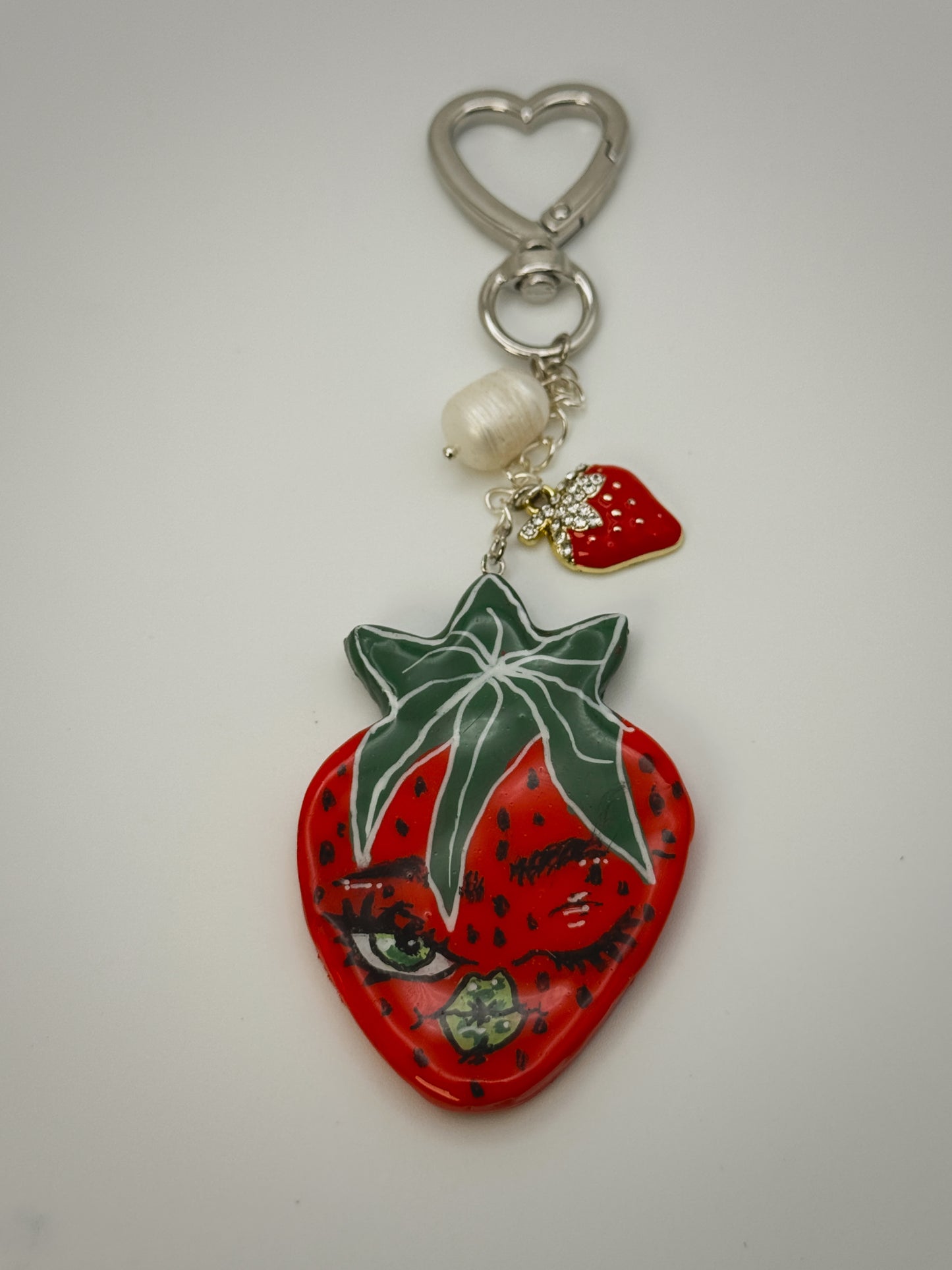 Winking Strawberry Bag Charm | Handmade Polymer Clay Key Chain