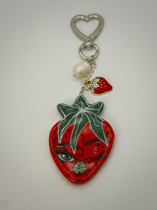 Winking Strawberry Bag Charm | Handmade Polymer Clay Key Chain