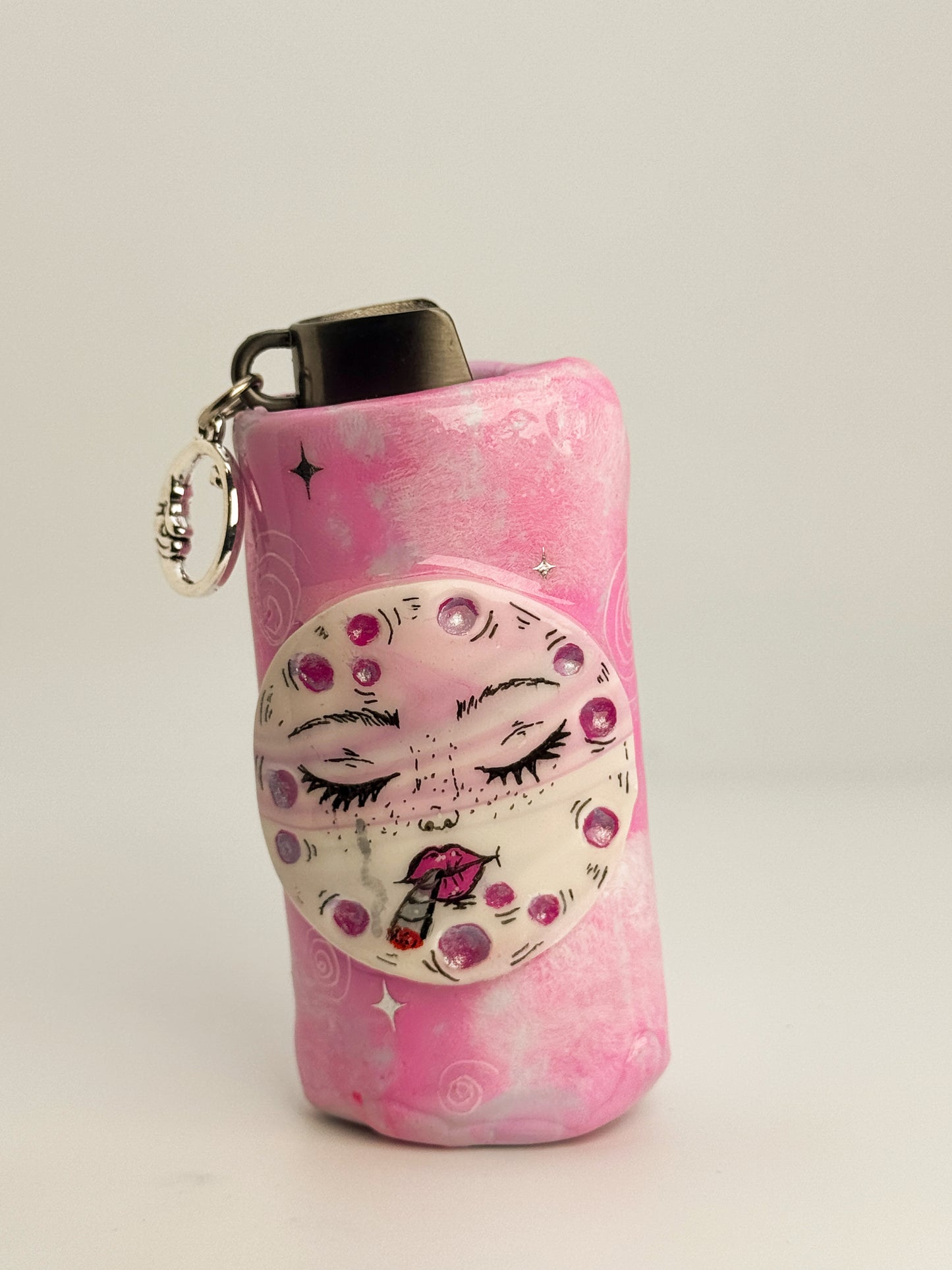 Smoking Moon Lighter Case w/ Charm | Fits Standard Bic | Handmade Polymer Clay Art