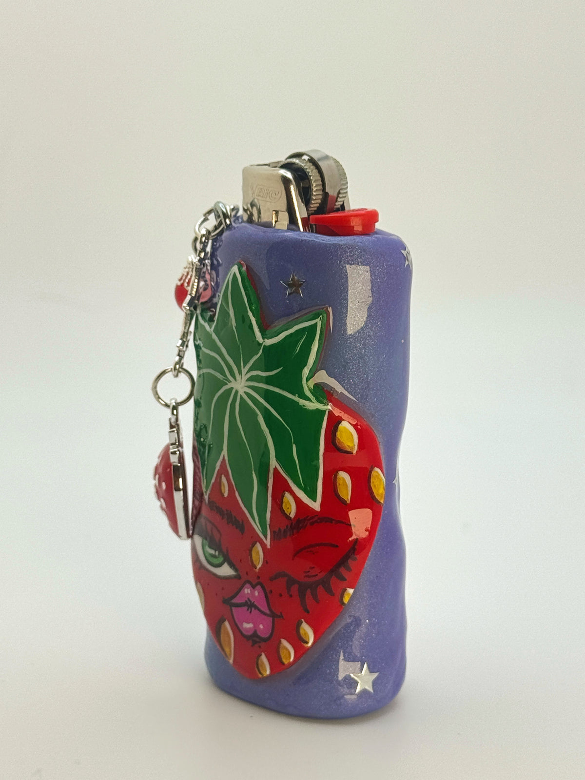 Sassy Strawberry Case with charm| Fits Standard Bic | Handmade Polymer Clay Art