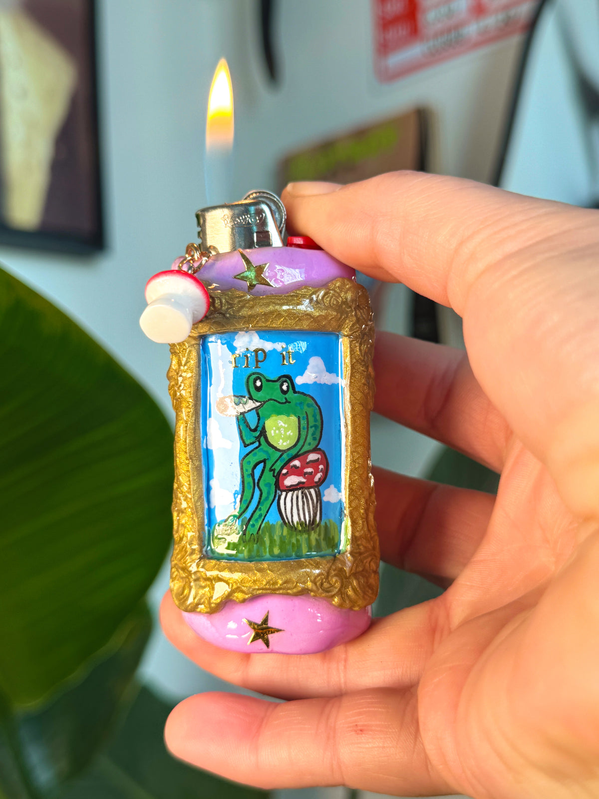 Vintage Frame Rip It Frog Case with charm| Fits Standard Bic | Handmade Polymer Clay Art