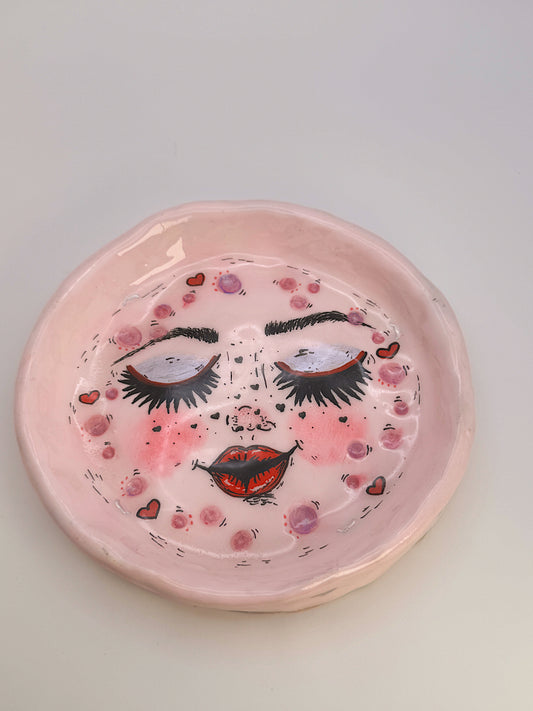 Blushing Moon Trinket Dish – Handmade Polymer Clay Pink Moon Dish with Heart Freckles