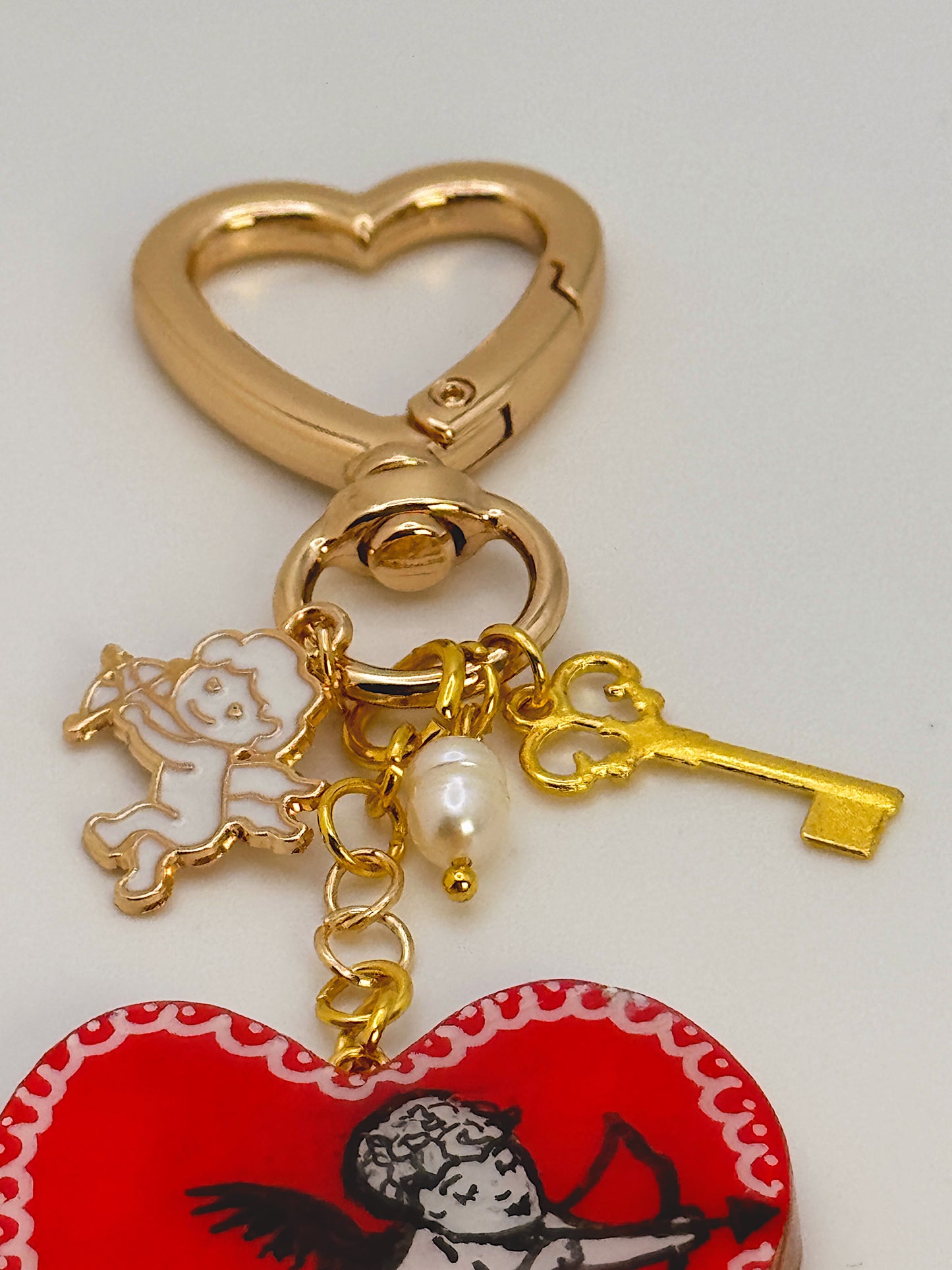 Cherub Heart Bag Charm – Handmade Cupid Keychain with Gold Heart Clip