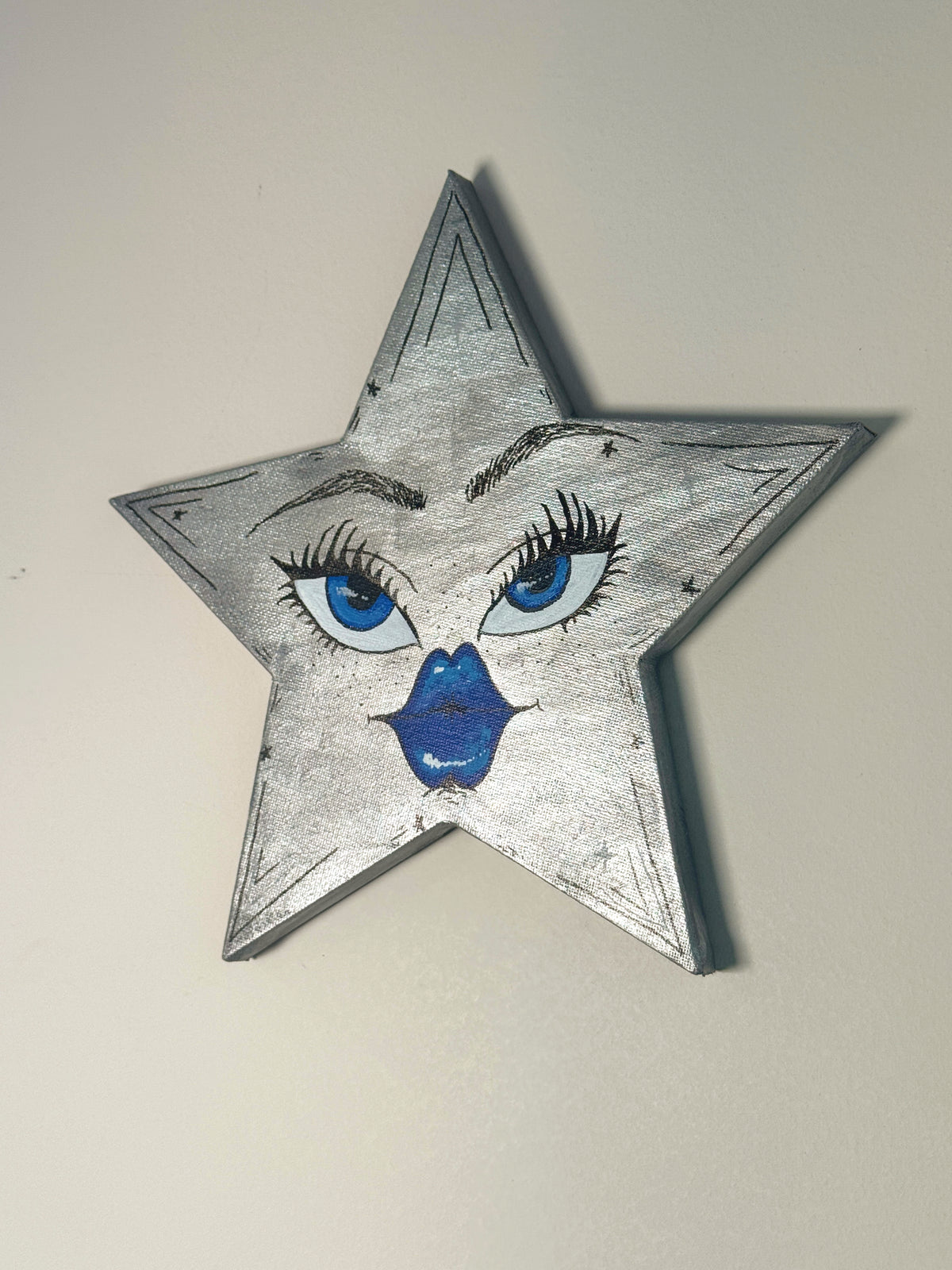 Silver Celestial Star Wall Art – Hand-Painted Star Face Decor— Original 10” Canvas Art