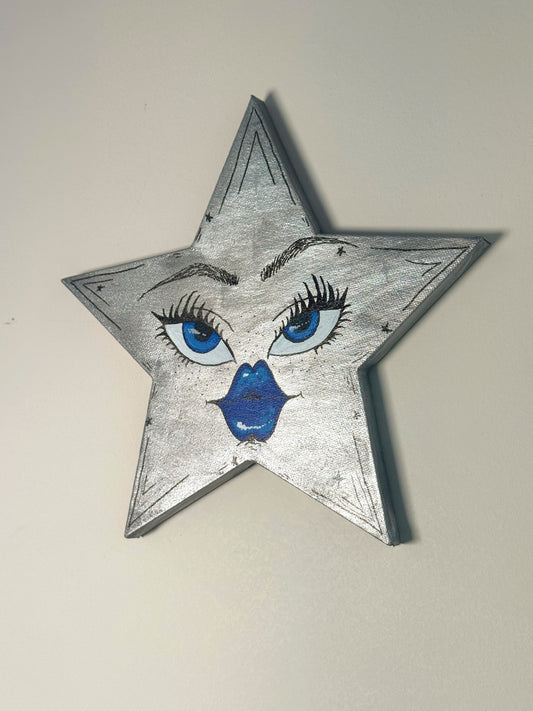 Silver Celestial Star Wall Art – Hand-Painted Star Face Decor— Original 10” Canvas Art