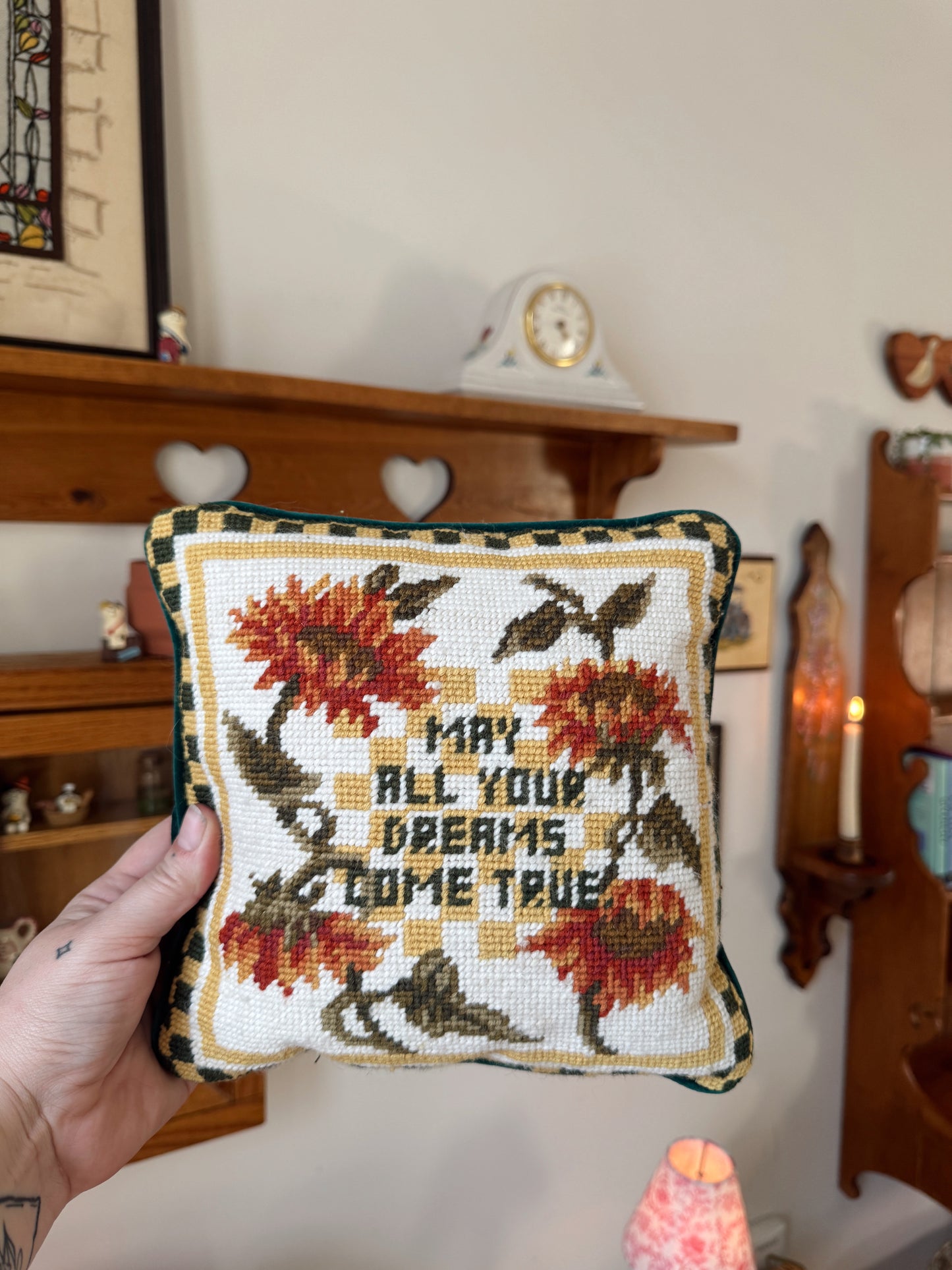 Vintage Needlepoint Sunflower Pillow – “May All Your Dreams Come True” – 9x9