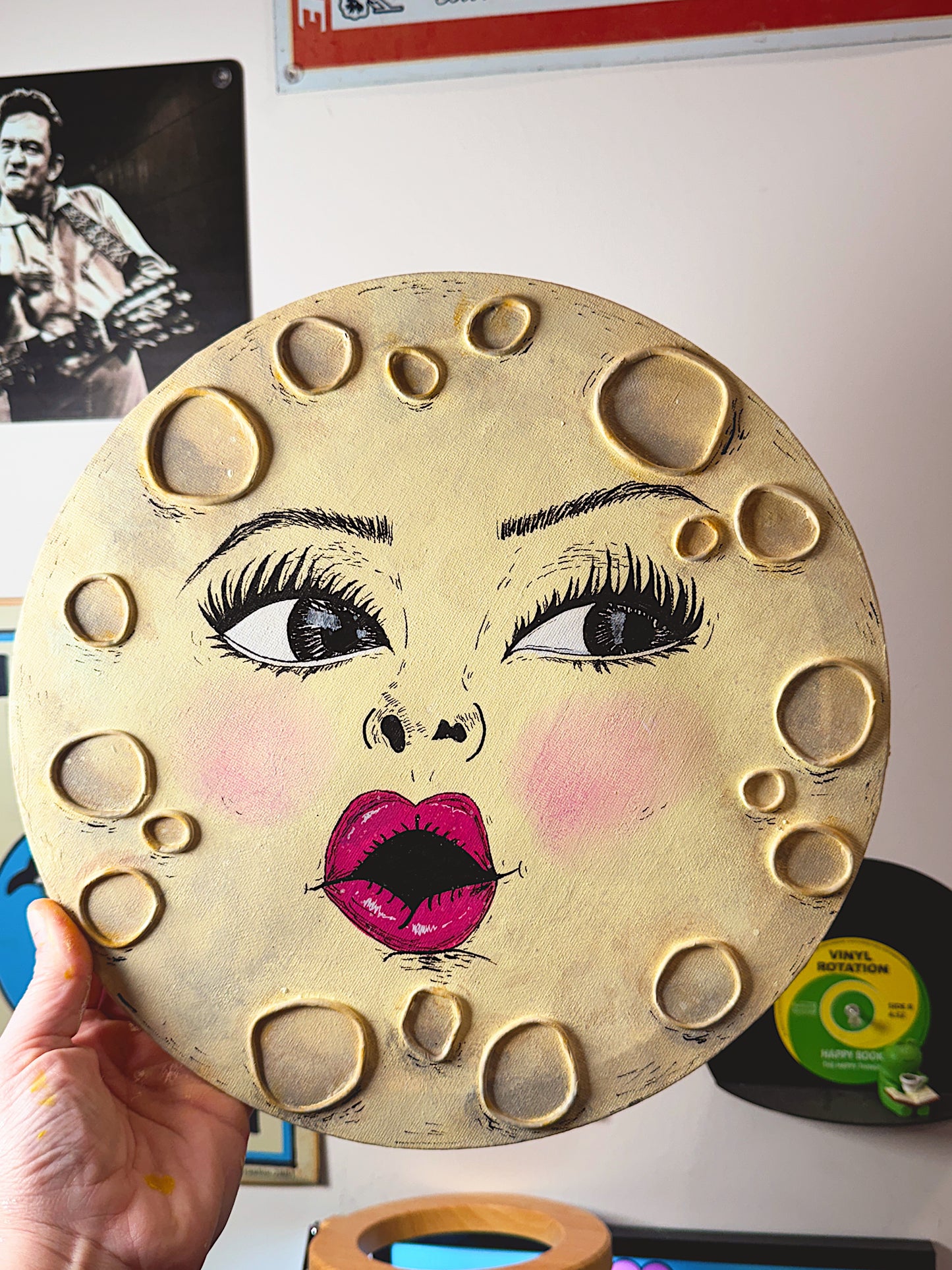 Miss Moon – Hand-Painted Moon Face Wall Art (12” Textured Canvas)
