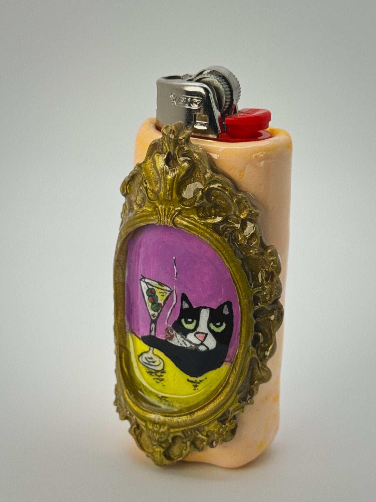 Vintage Frame Martini Cat Lighter Case| Fits Standard Bic | Handmade Polymer Clay Art
