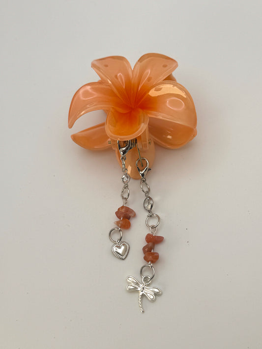 Orange Flower Small Claw Clip with Handmade Beaded Charms | Removable Charm Clip | 2.1”