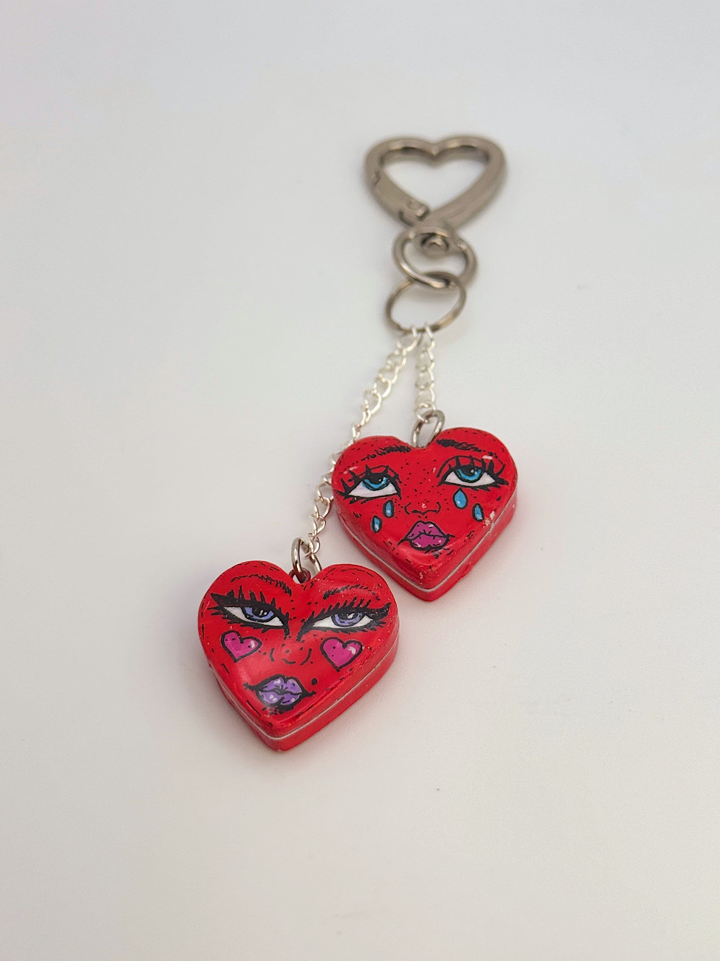 Love-Sick Twin Hearts Keychain – Hand-Painted Polymer Clay Duo