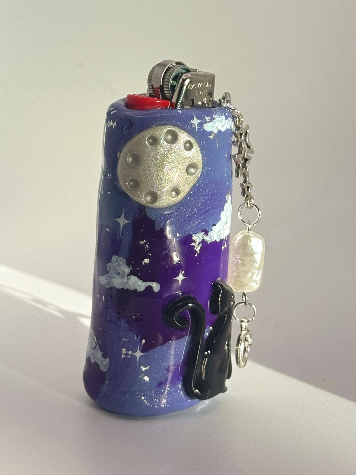 Black Cat Case with charm| Fits Standard Bic | Handmade Polymer Clay Art