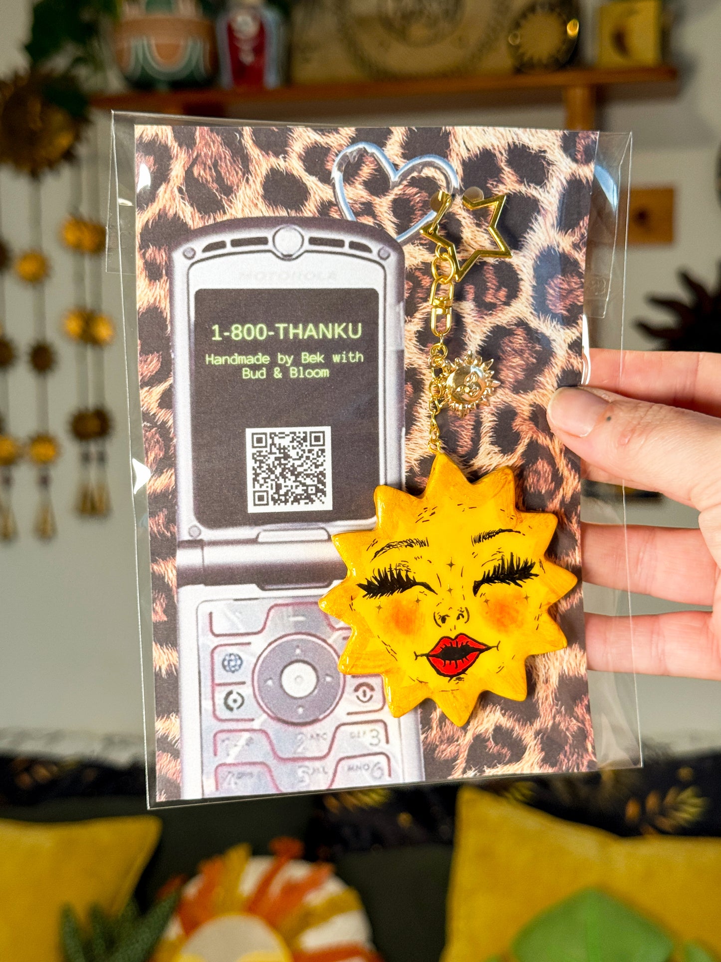 Miss Sunny Face Keychain – Polymer Clay Bag Charm – Hand Painted Celestial Sun Charm