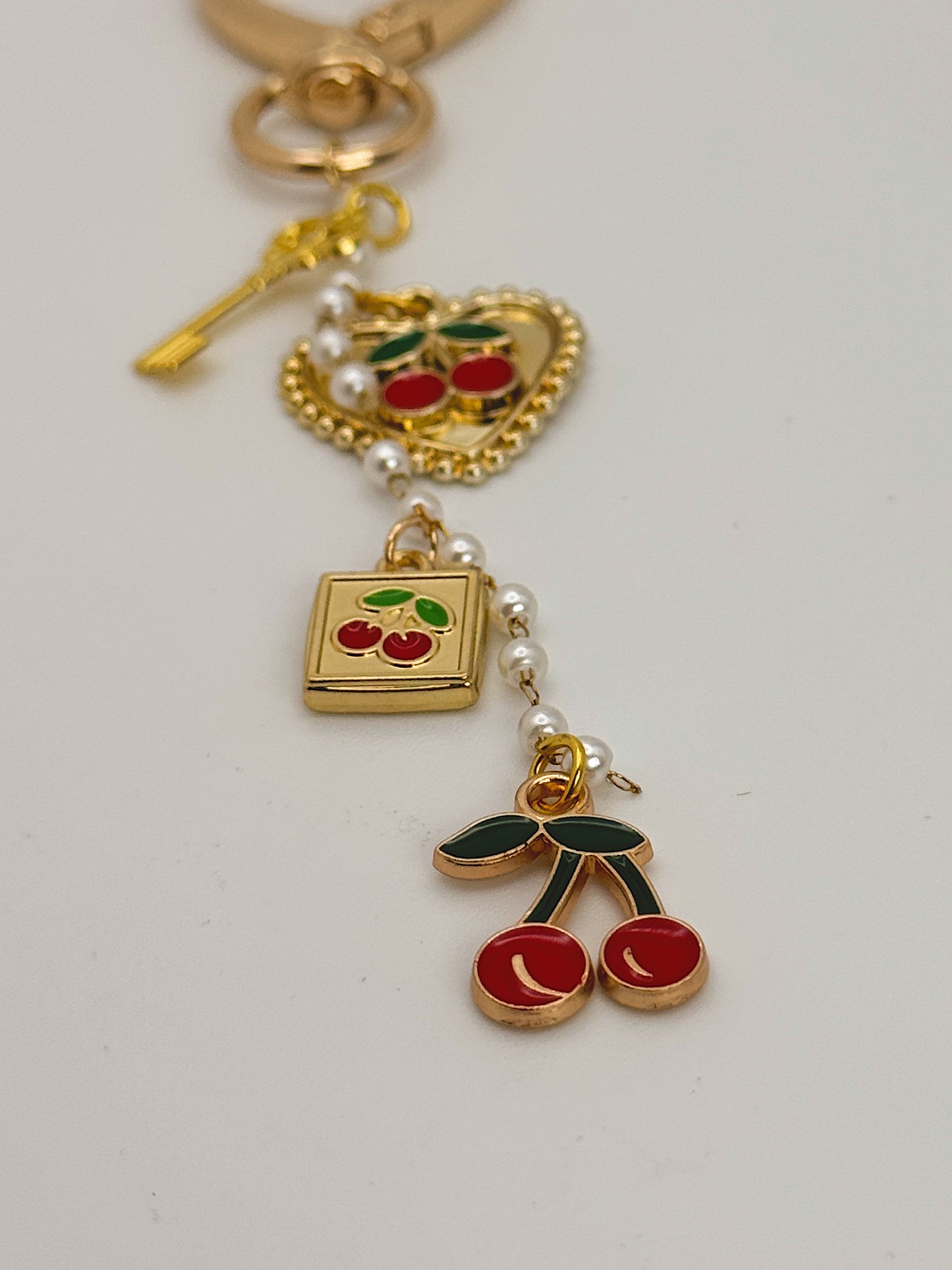 Cherry Heart Bag Charm with Gold Heart Clip & Pearl Chain